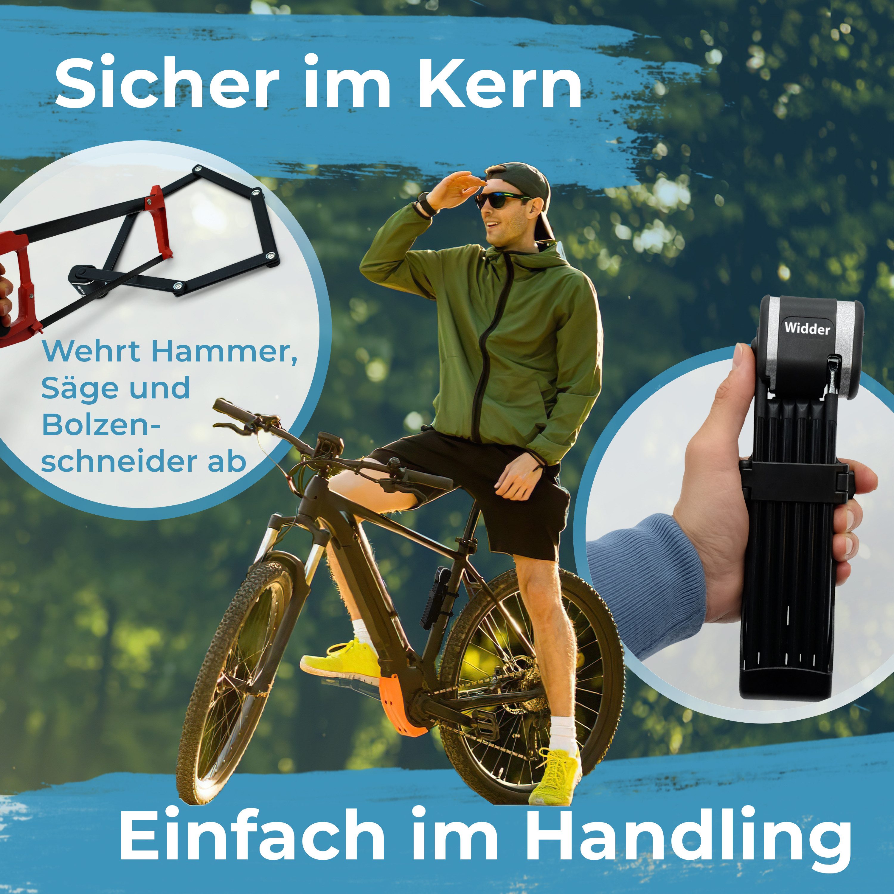 Widder Faltschloss Fahrrad [sicherer Titan-Stahl Level 15] Fahrradschloss hohe Sicherheit, 99cm lang • 3 Schlüssel • Halterung • für Fahrrad & E-Bike