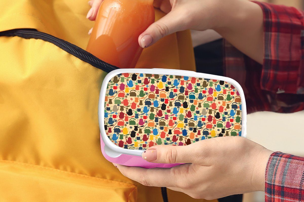 MuchoWow Lunchbox Muster - Snackbox, Erwachsene, für rosa Brotbox Kunststoff - (2-tlg), Brotdose Mädchen, Retro, Kaffee Kunststoff, Teekanne Kinder, 