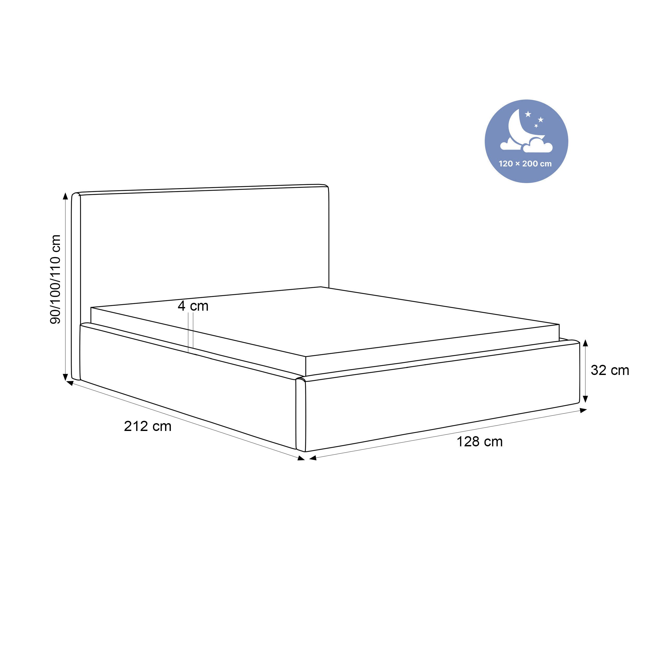 Goldstoff Polsterbett Modernes Bett "LUMINA" mit großem Stauraum und gepolstertem Rahmen (120–200x200 cm, Kopfteilhöhe 70/110 cm), Elegantes Stauraumbett mit gepolstertem Kopfteil und Holzrahmen