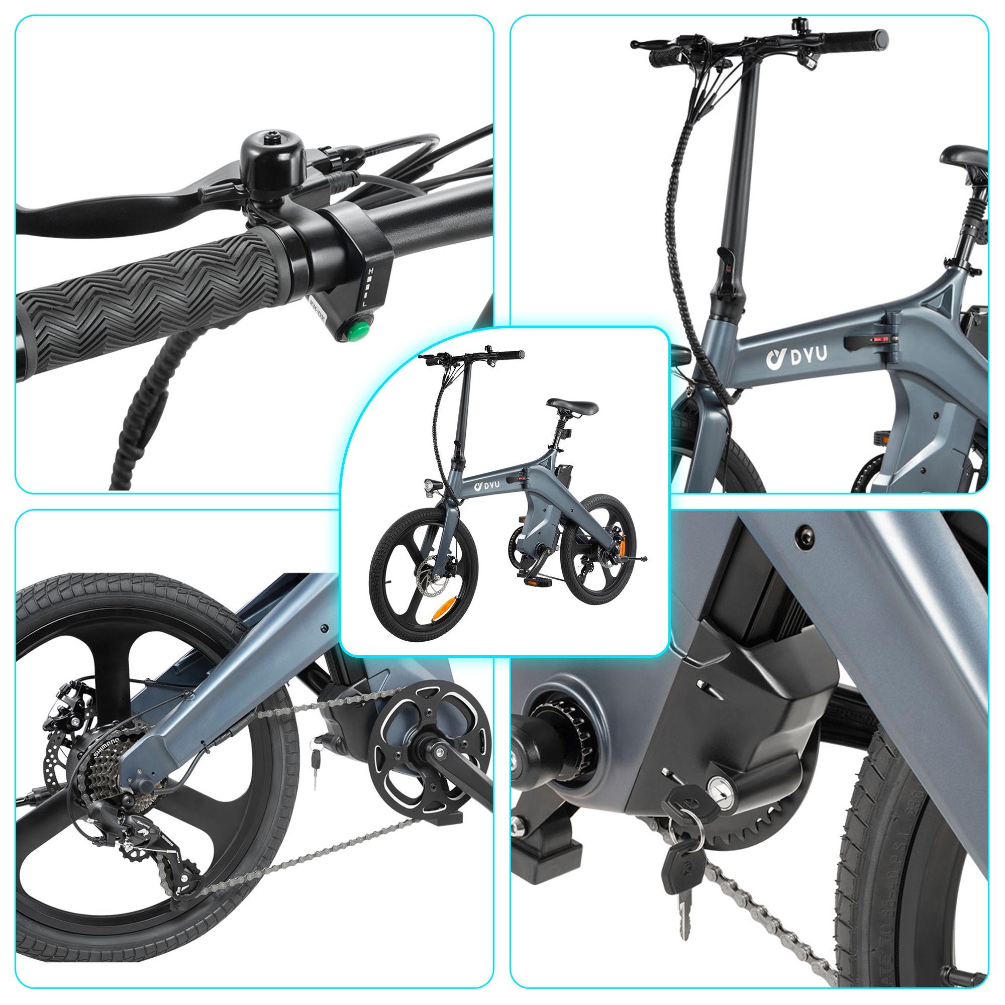 7-Gang-Shimano-Schaltwerk, ombar Blau für 20"Elektrofahrrad Gang E-Bike Damen Herren mit 7 und