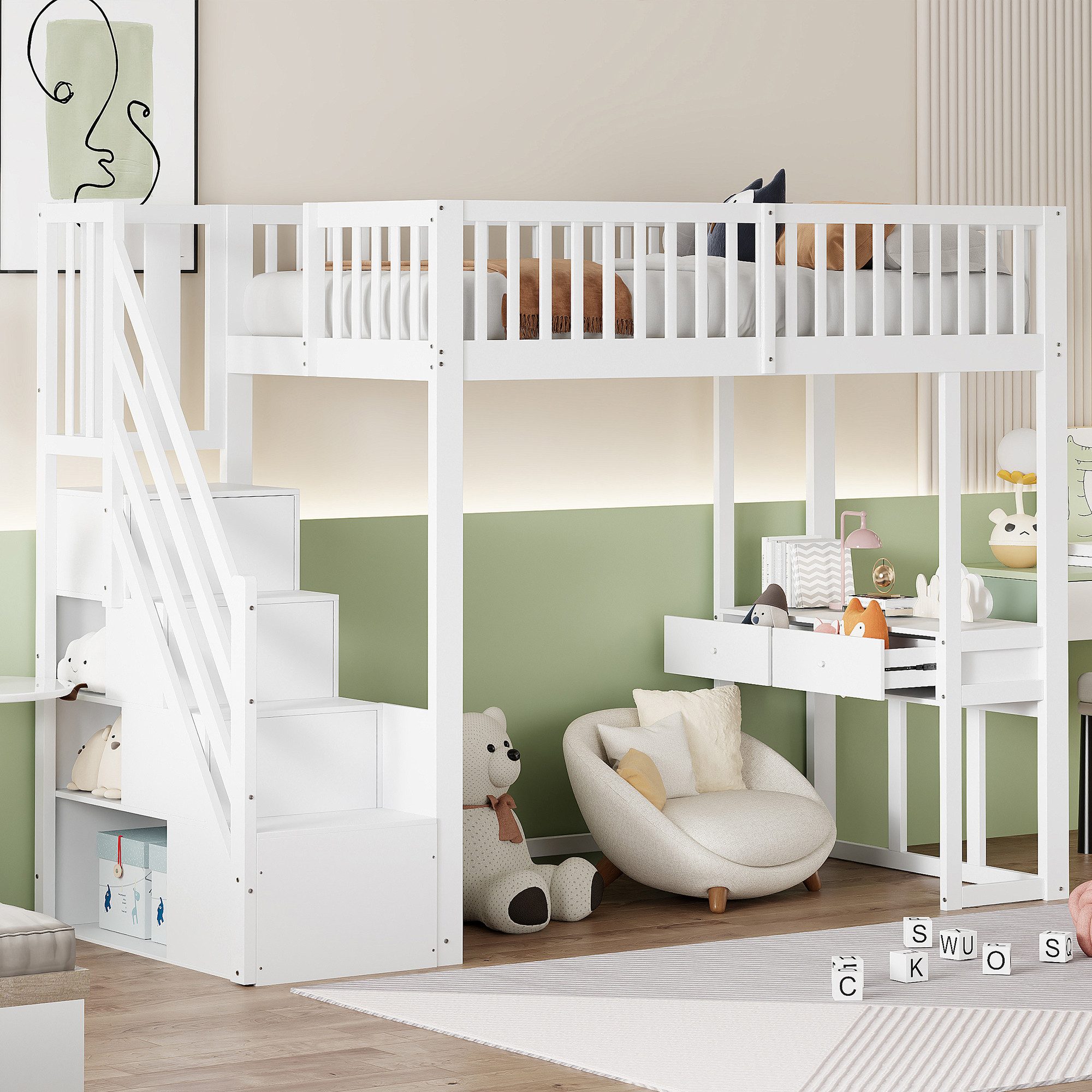 Flieks Hochbett Massivholz Kinderbett 90x200cm mit Tisch und Stauraumtreppe günstig online kaufen