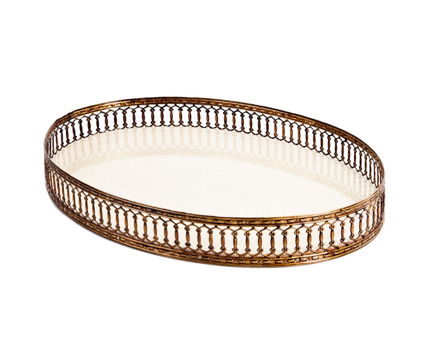 Signature Home Collection Dekotablett Tablett oval creme beige mit Lilie goldener Rand klassisch (1 Stück, 1 Tablett oval), Serviertablett in Handarbeit Galuchat creme