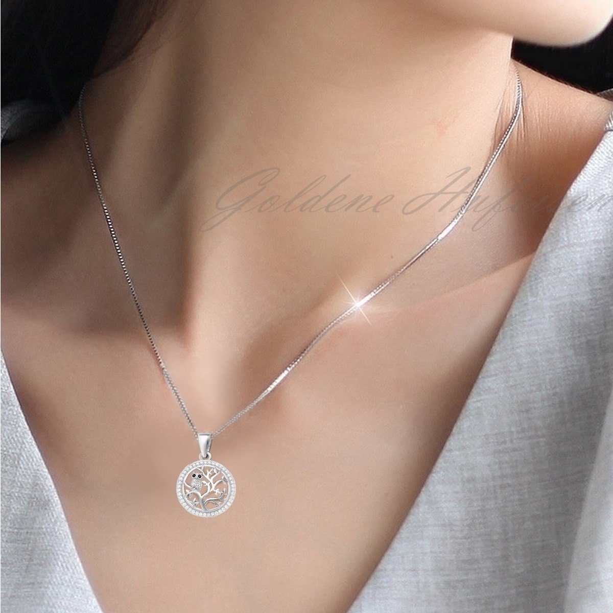 Goldene Hufeisen Kette mit Anhänger Lebensbaum mit Eule Halskette aus 925 Sterling Silber mit Zirkonia (2-tlg, inkl. Etui), Rhodiniert