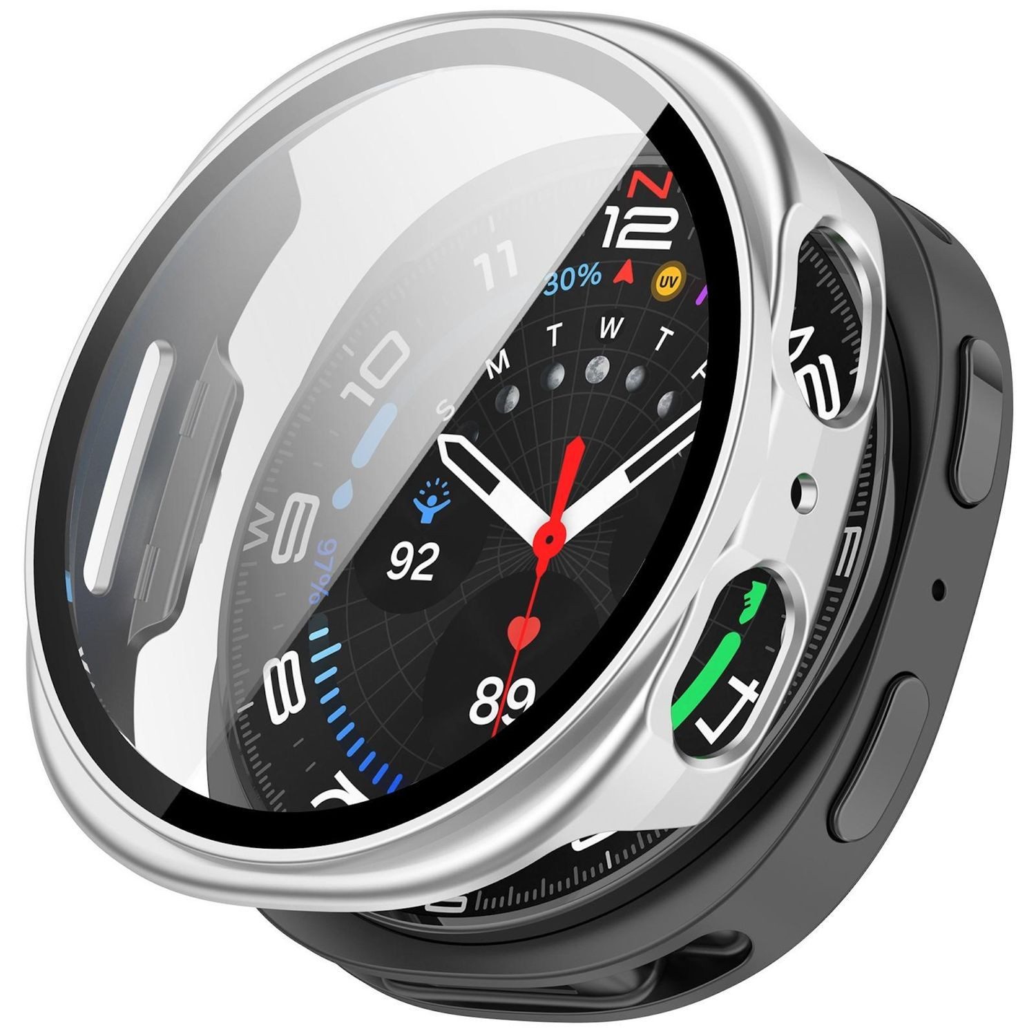Wigento Smartwatch-Hülle + Schutzglas für Samsung Galaxy Watch 9 8 40mm Kunststoff 9H Silber, Schutzhülle aus PC + Hart Glas für Rundumschutz