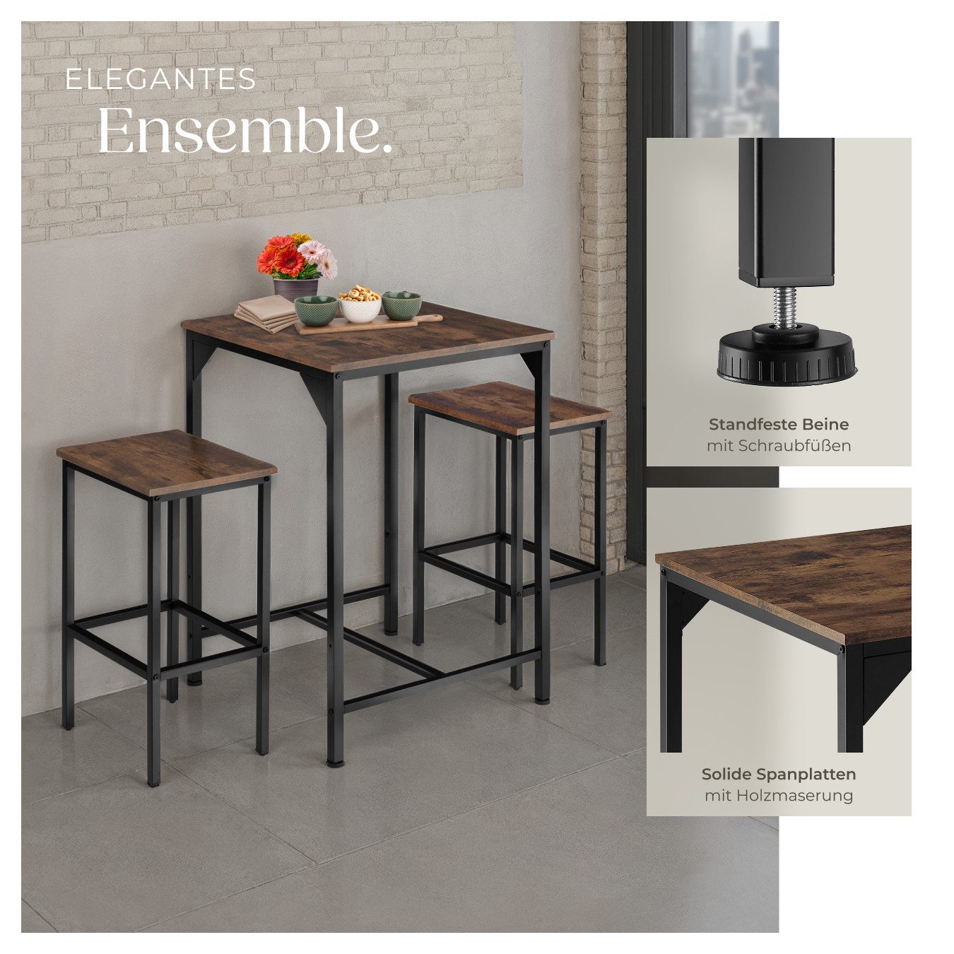 tectake Stehtisch Barset (1-St., 3 tlg), 3er-Set aus Bartisch und zwei Barhockern im trendigen Industrial-Look
