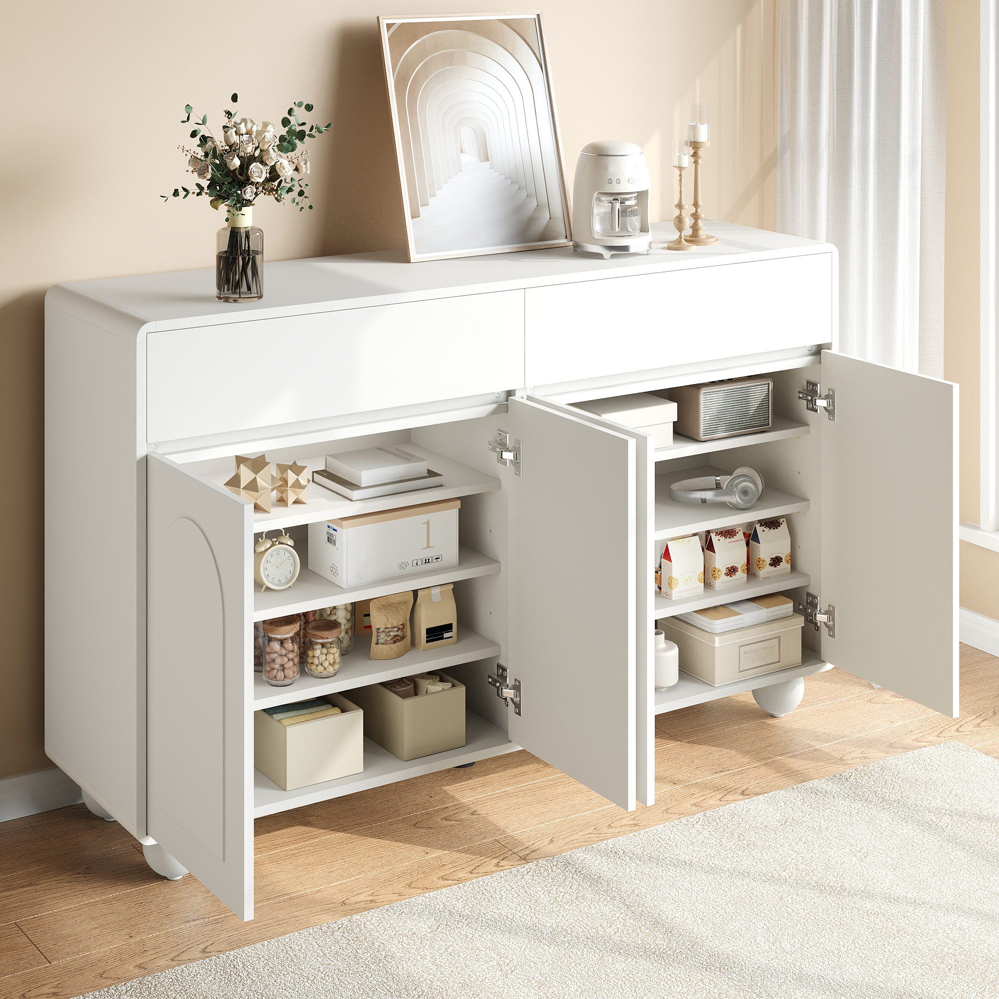 MODFU Sideboard Design-Kommode mit Rundbögen (Packung, 1 St., Weiß, runde Metallfüße, zeitlos), 140x89x38cm, 4 Türen, sanft, elegant