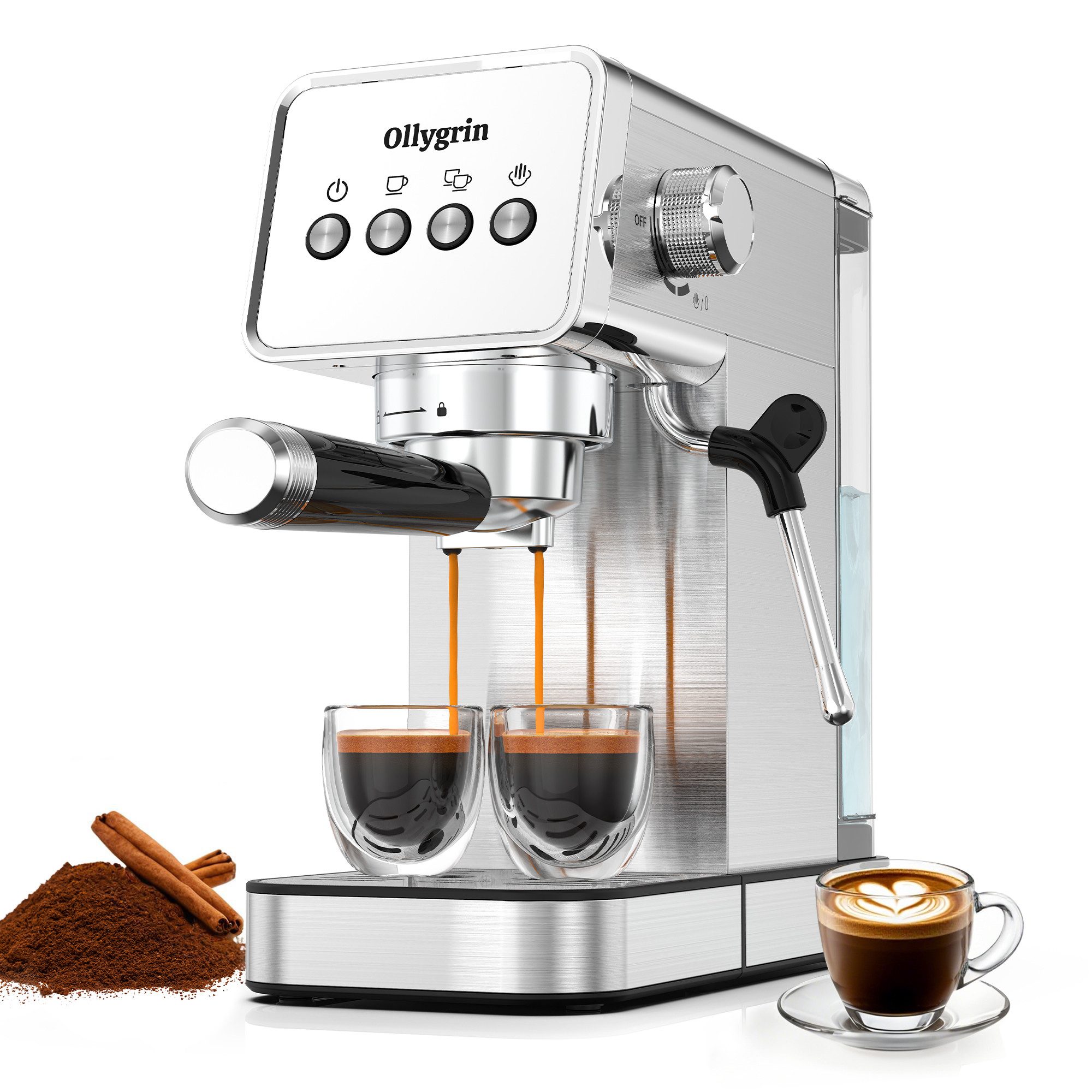 Ollygrin Kaffeehalbautomat 15-Bar-Halbautomatische Espressomaschine mit Milchaufschäumer und abnehmbarem 1,2-Liter-Wassertank