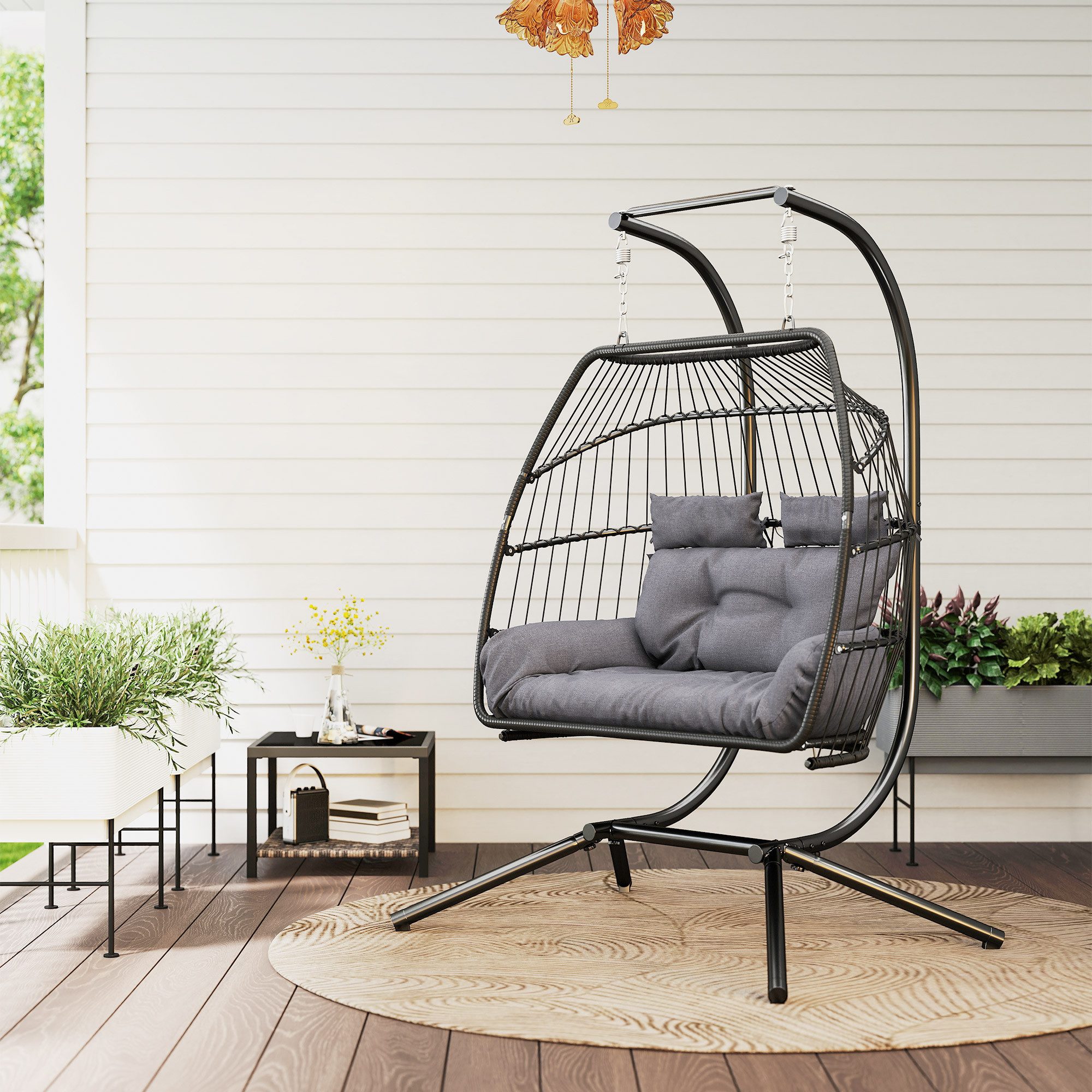 Outsunny Schaukelstuhl mit Kissen, ergonomisch, für 2 Personen (faltbar Hängesessel mit Gestell, 1 St), belastbar bis 260kg, für Balkon, Terrasse, Dunkelgrau