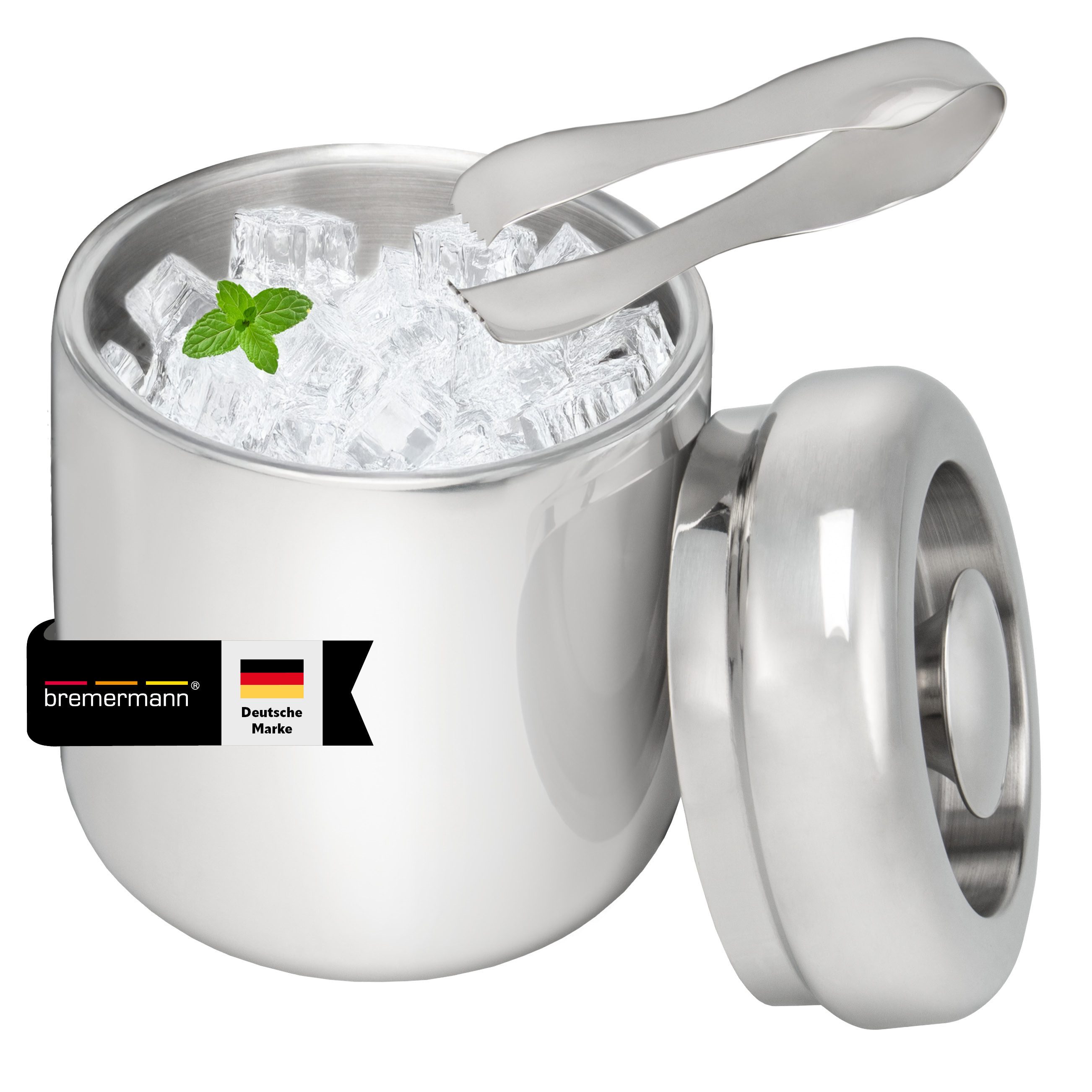 bremermann Eiswürfelbehälter Eiswürfelbehälter mit Zange, Edelstahl-Eiskübel mit Deckel 1,5l, rund, Eiseimer