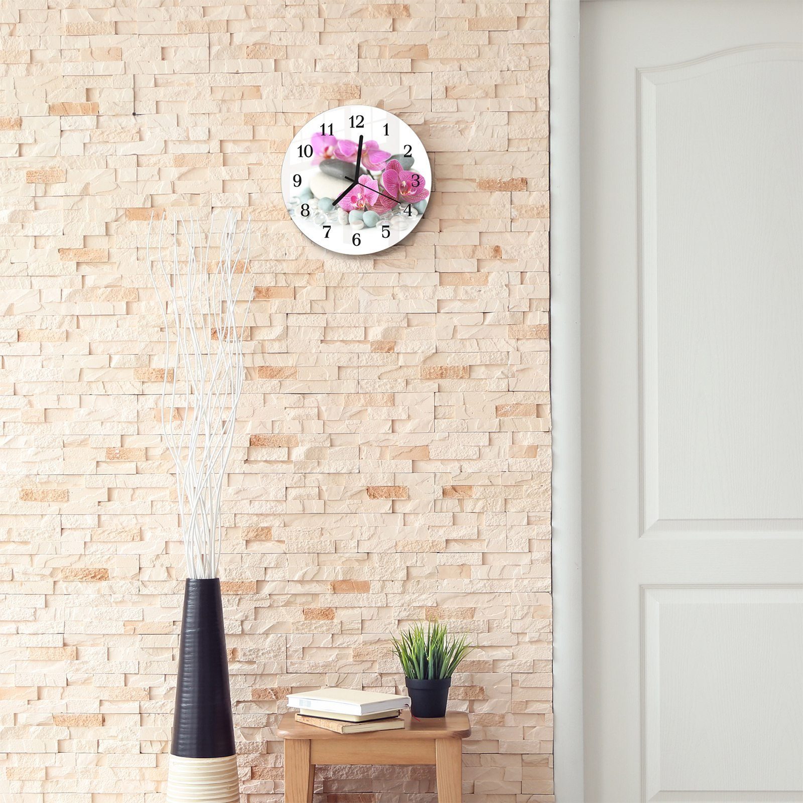 Orchideen - Wanduhr und mit Motiv Rund auf 30 Quarzuhrwerk Durchmesser Glas Primedeco mit aus Steinen Wanduhr cm