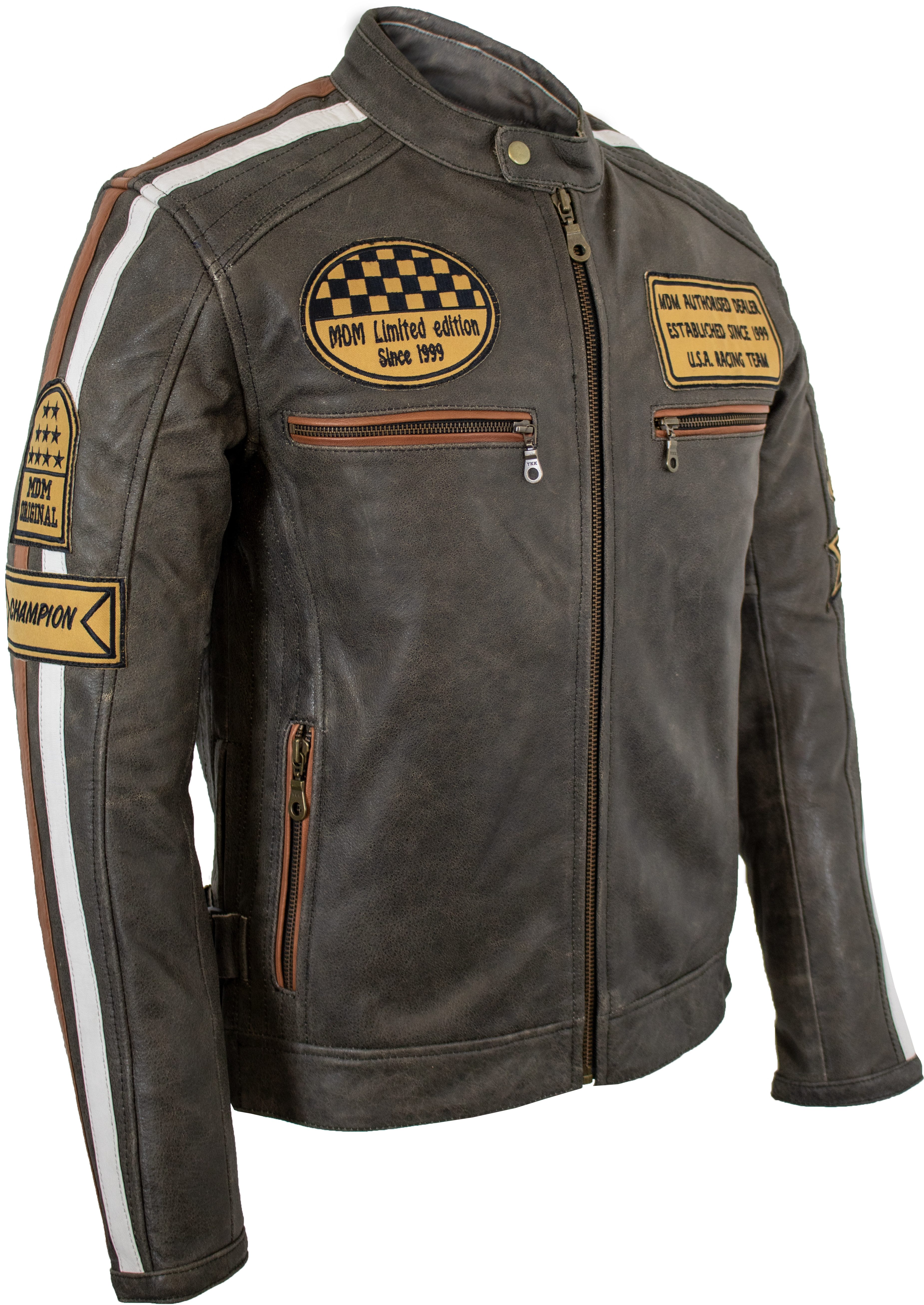 Lederjacke Herren Motorrad Lederjacke Vintage Grau Echtleder mit Protektoren
