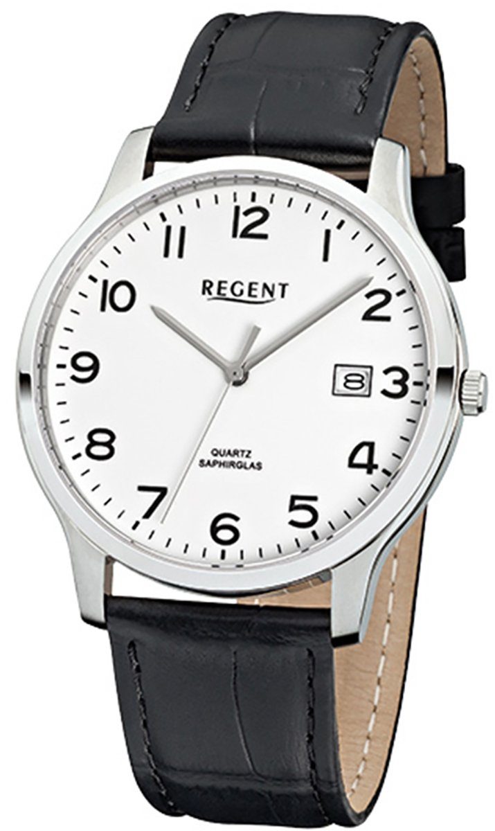 Regent Quarzuhr Regent Herren-Armbanduhr schwarz Kalender Herren 39mm), rund, Lederarmband, (ca. Armbanduhr Analog, mittel