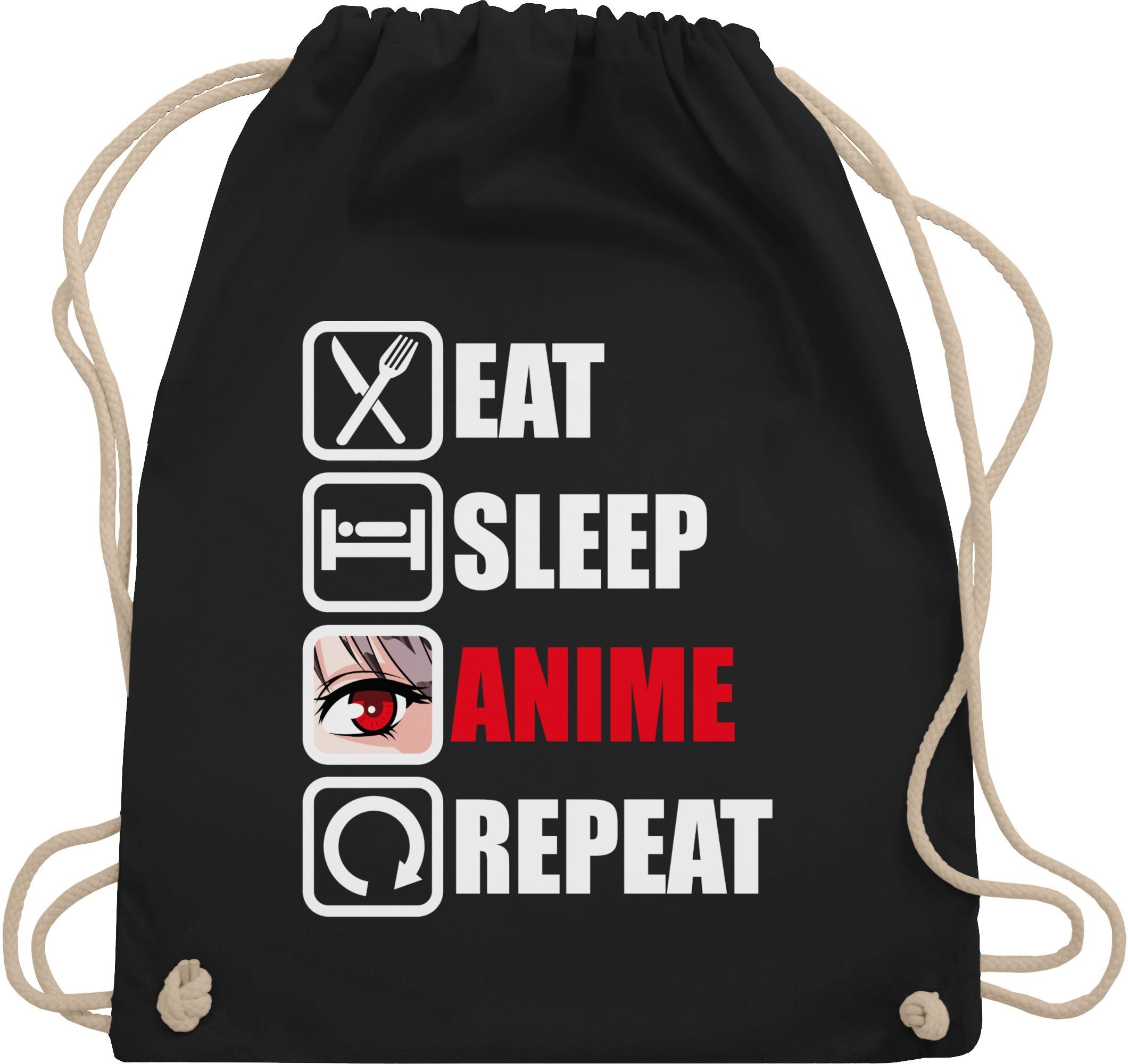 Shirtracer Turnbeutel Eat sleep Anime repeat - weiß, Anime Geschenke 1 Schwarz