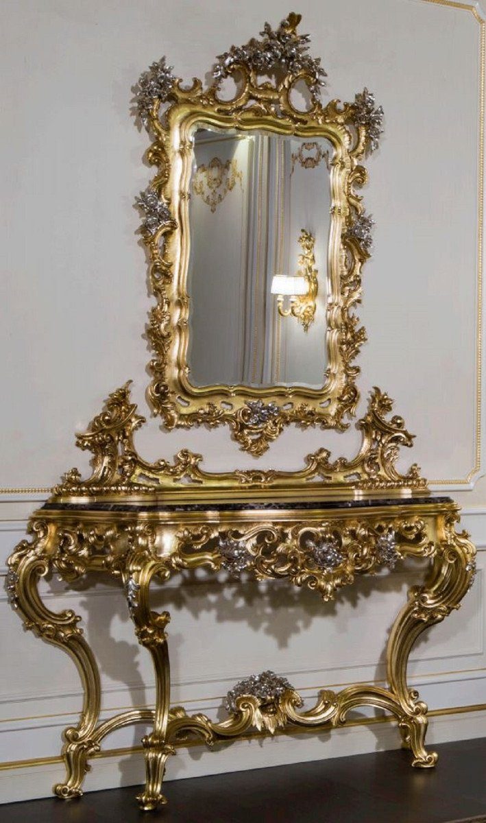Casa Padrino Barockspiegel Luxus Barock Möbel Set Konsole mit Spiegel Gold / Silber / Schwarz - Prunkvoller handgeschnitzter Konsolentisch mit Wandspiegel - Hotel Möbel - Schloss Möbel - Luxus Qualität - Made in Italy