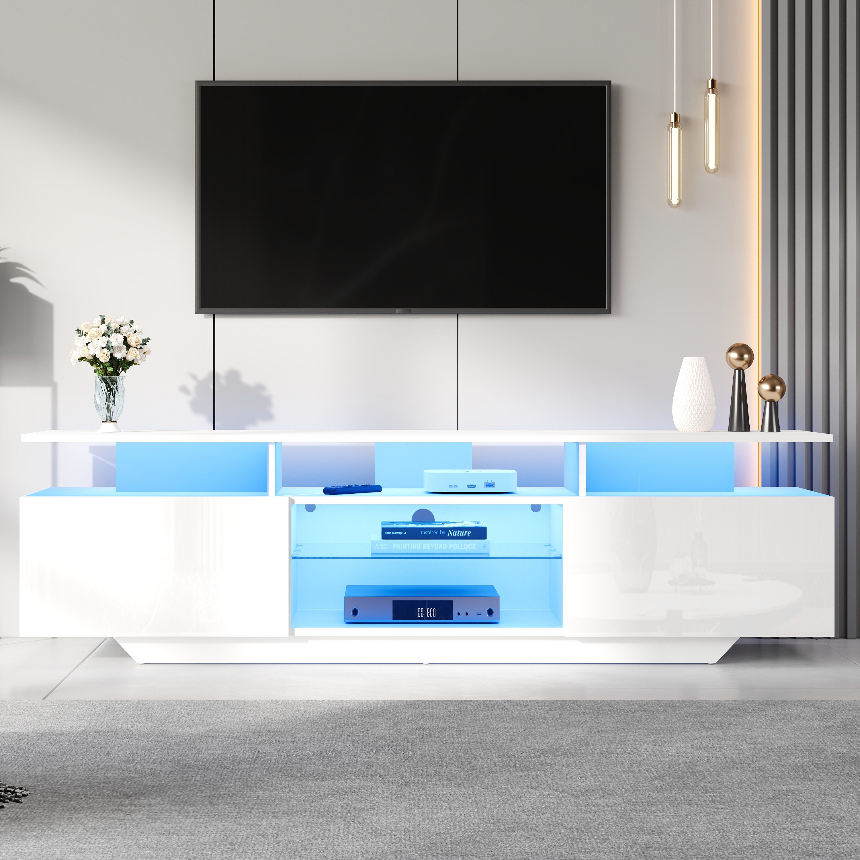 Merax Lowboard mit LED-Beleuchtung, Hochglanzfront & Glasregalen (1 St., für 70-Zoll-Fernseher), TV-Schrank TV-Board mit 2 Schränke & 8 Ablageflächen, 160x40x45cm