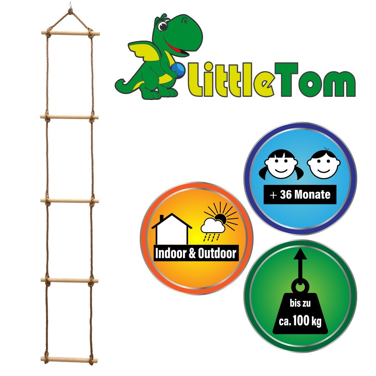 LittleTom Strickleiter für Kinder - Kletterleiter 188 cm mit 6 Holzsprossen Indoor & Outdoor, Leiter für Spielturm, Schaukel, Hochbett & Baumhaus - Kinderleiter
