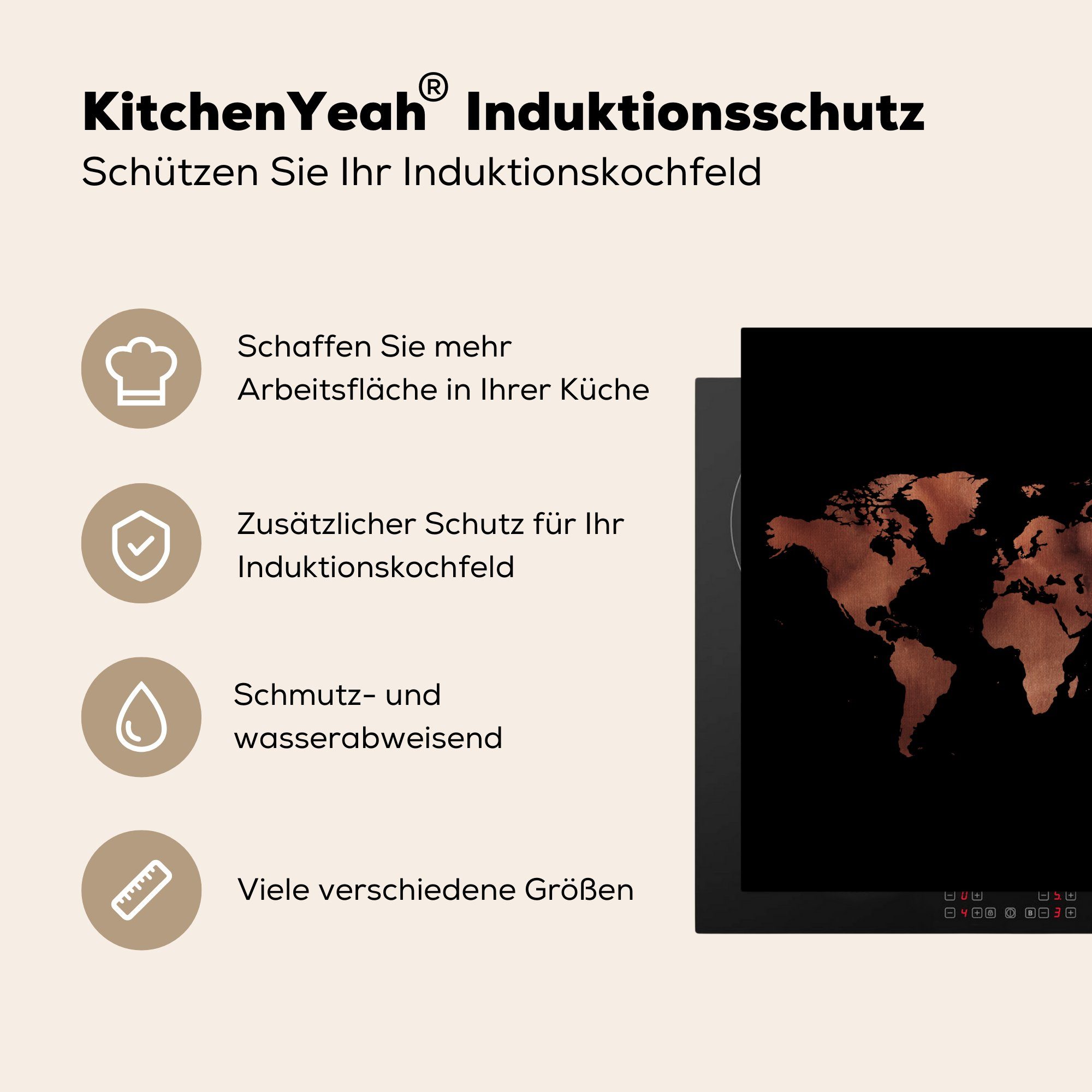 MuchoWow Herdblende-/Abdeckplatte Weltkarte - 78x78 für Braun, Ceranfeldabdeckung, küche cm, Farbton - Arbeitsplatte Vinyl, (1 tlg)