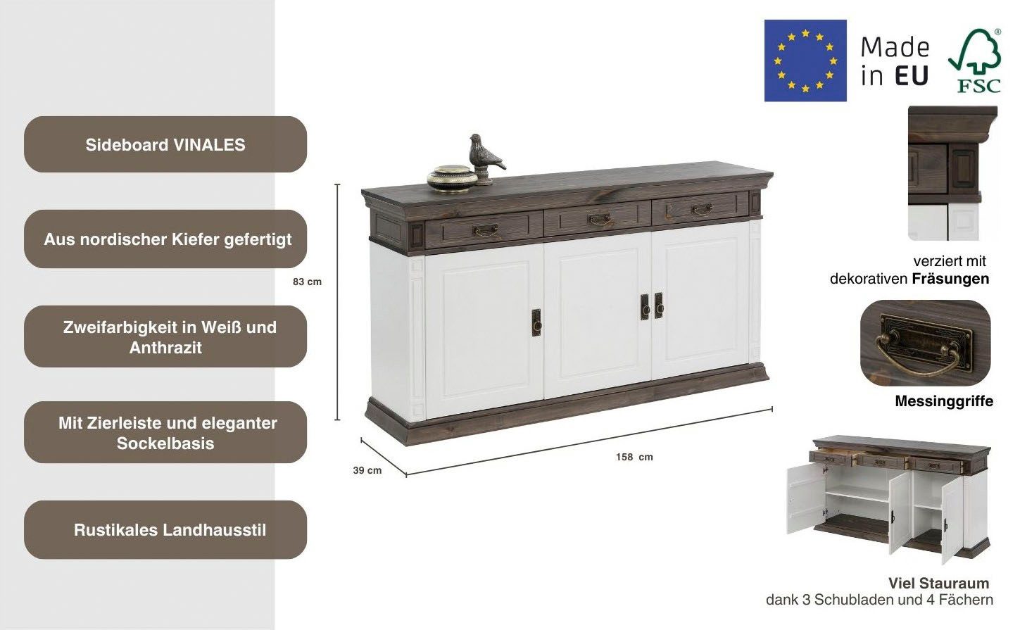 OTTO home Sideboard Vinales (B/T/H: 155/39/83 cm), Kommode, Breite 158 cm