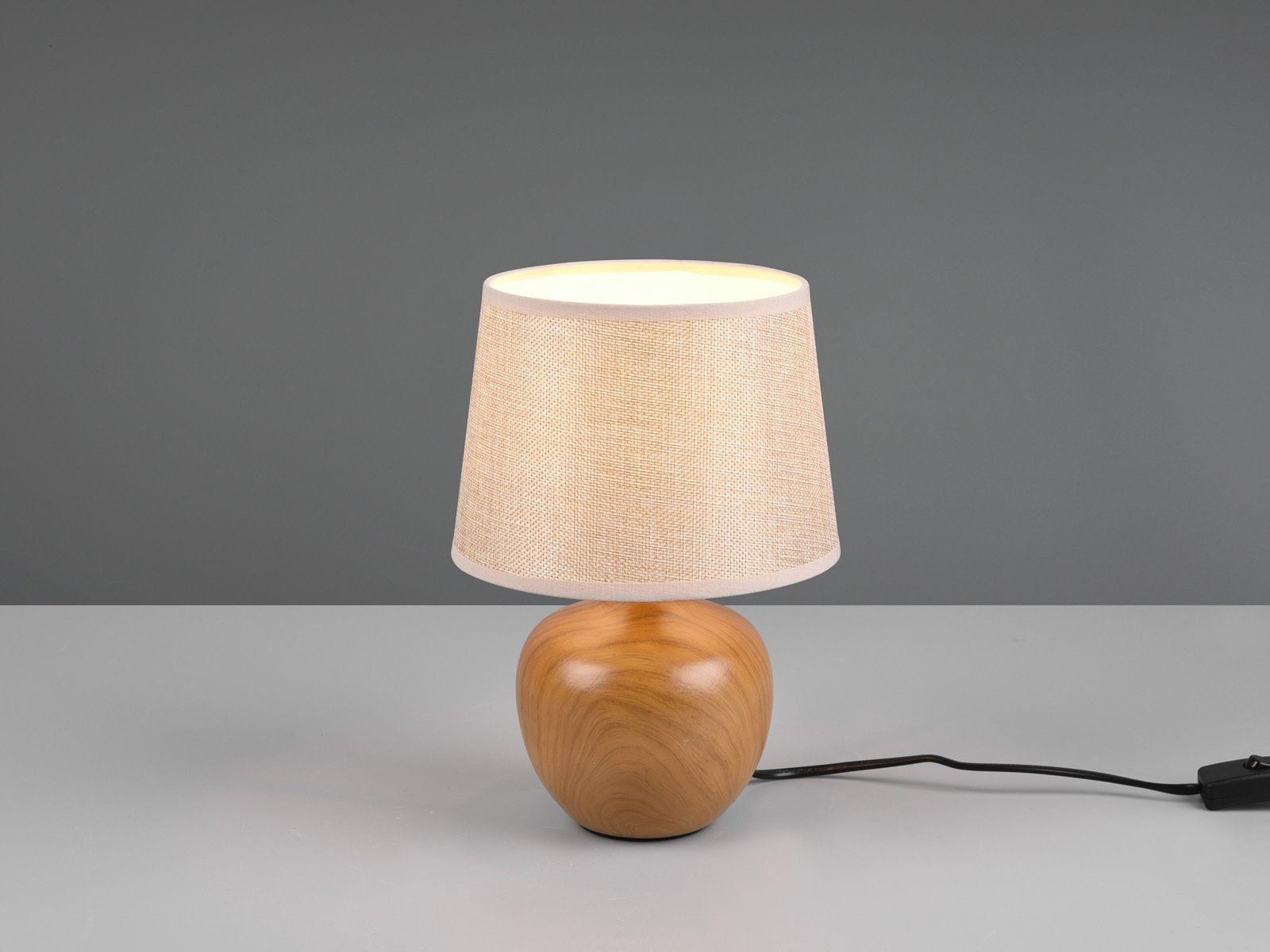 Reality Leuchten LED Nachttischlampe, Dimmfunktion, LED wechselbar, Warmweiß, klein-e Holz-optik Fensterlampe Fensterbank Lampenschirm Stoff, H 26cm