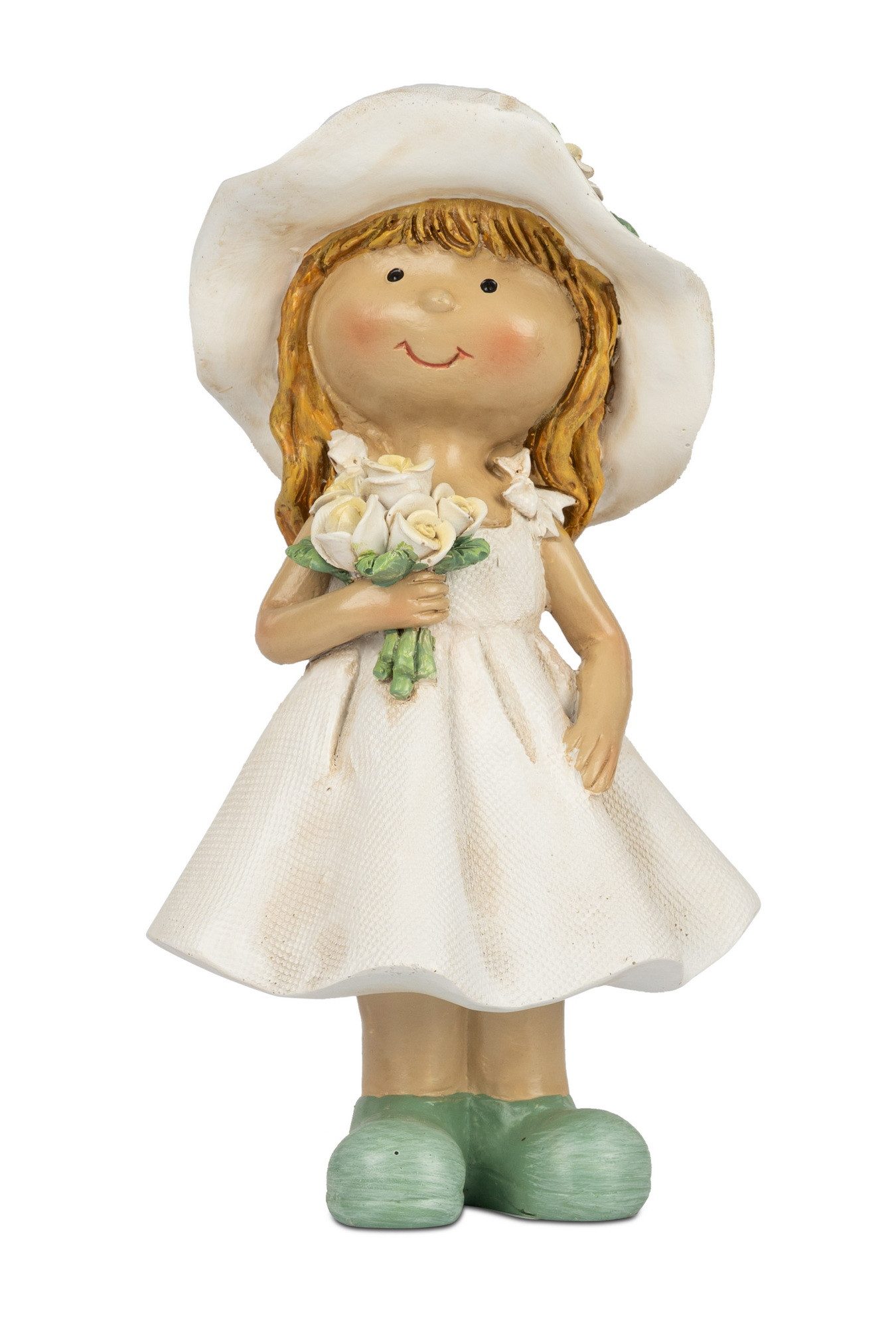 Wichtel Deko Kind Figur Mädchen mit Rosen Strauß Garten Skulptur Zwerg Blume