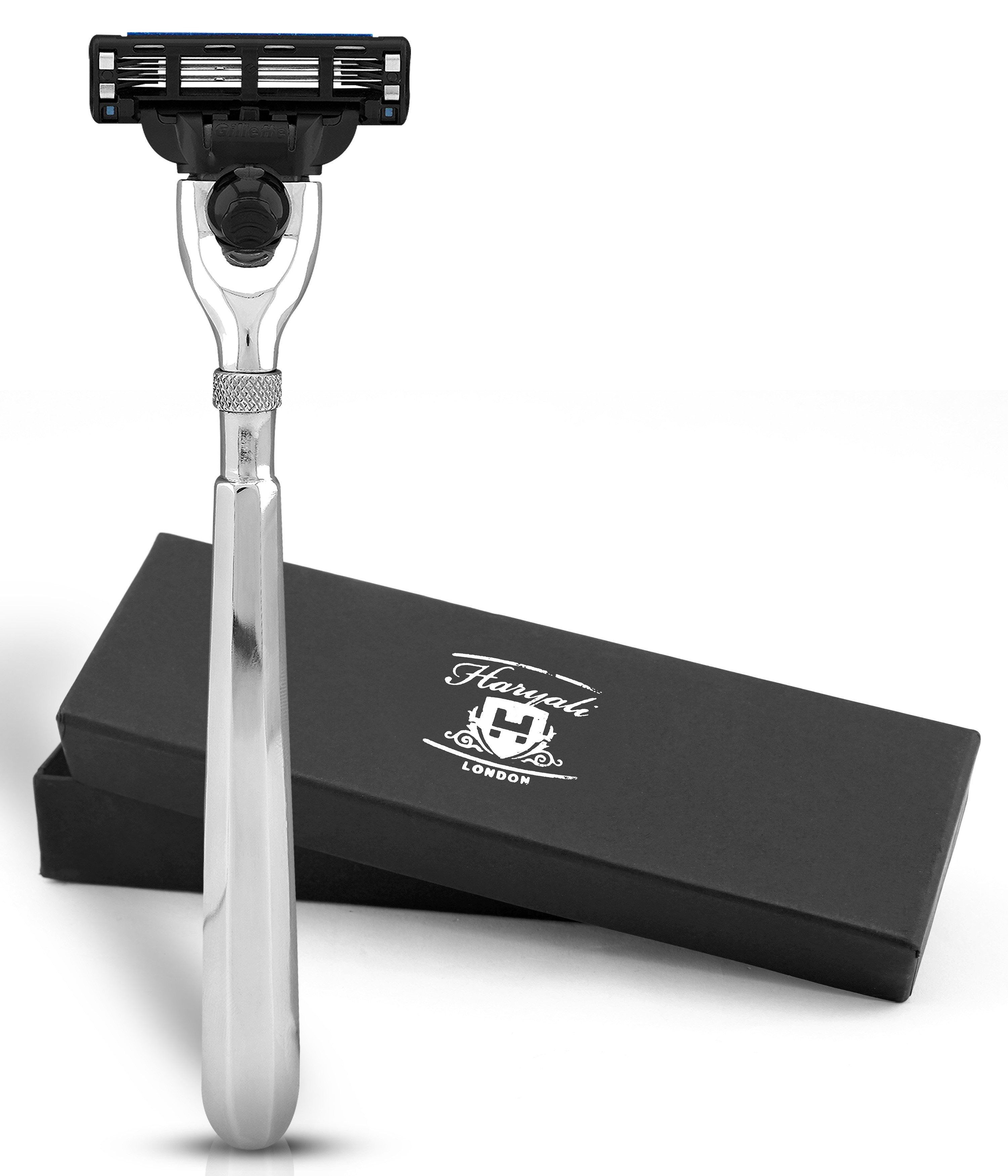 Haryali London Бритвы 3-Klingen-Rasierer für Unisex, Edelstahlrasierer, leicht, Pack, Rasierapparat mit abnehmbarer Klinge und messing-silbernem Griff, Abwaschbarer, rutschfester Griff. Passt auf alle Mach 3-Rasierer.