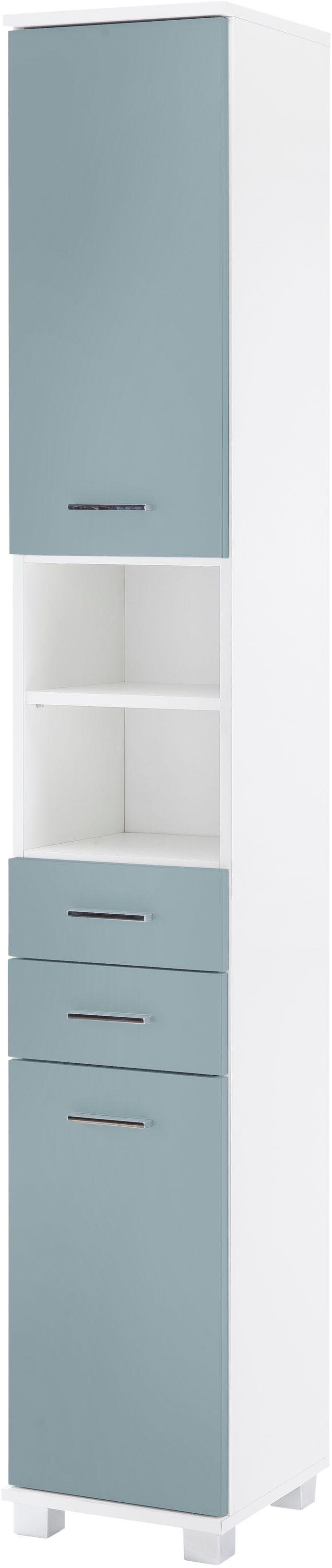 Schildmeyer Hochschrank Lumo Breite 30 cm, mit 2 Türen, 2 Schubladen & 2 offenen Fächern weiß/taubenblau | Hochschränke