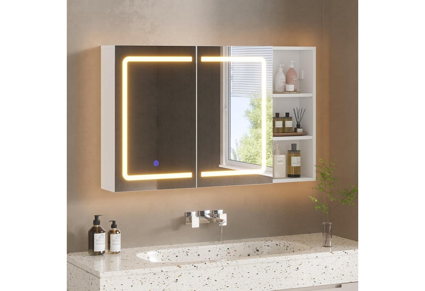 MSMASK Badezimmerspiegelschrank mit LED-Beleuchtung und Steckdosenleiste, 100 x 65 x 17cm, Weiß (1-St) mit HD-Spiegel, offenen Regalen und 3-fach dimmbarer Farbtemperatur
