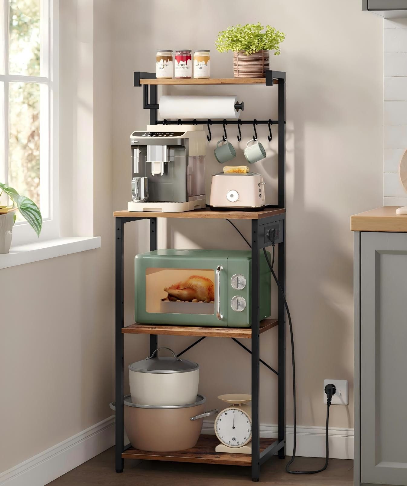 VASAGLE Küchenregal, Standregal mit Steckdosen, Standregal 4 Ebenen, verstellbare Ablage