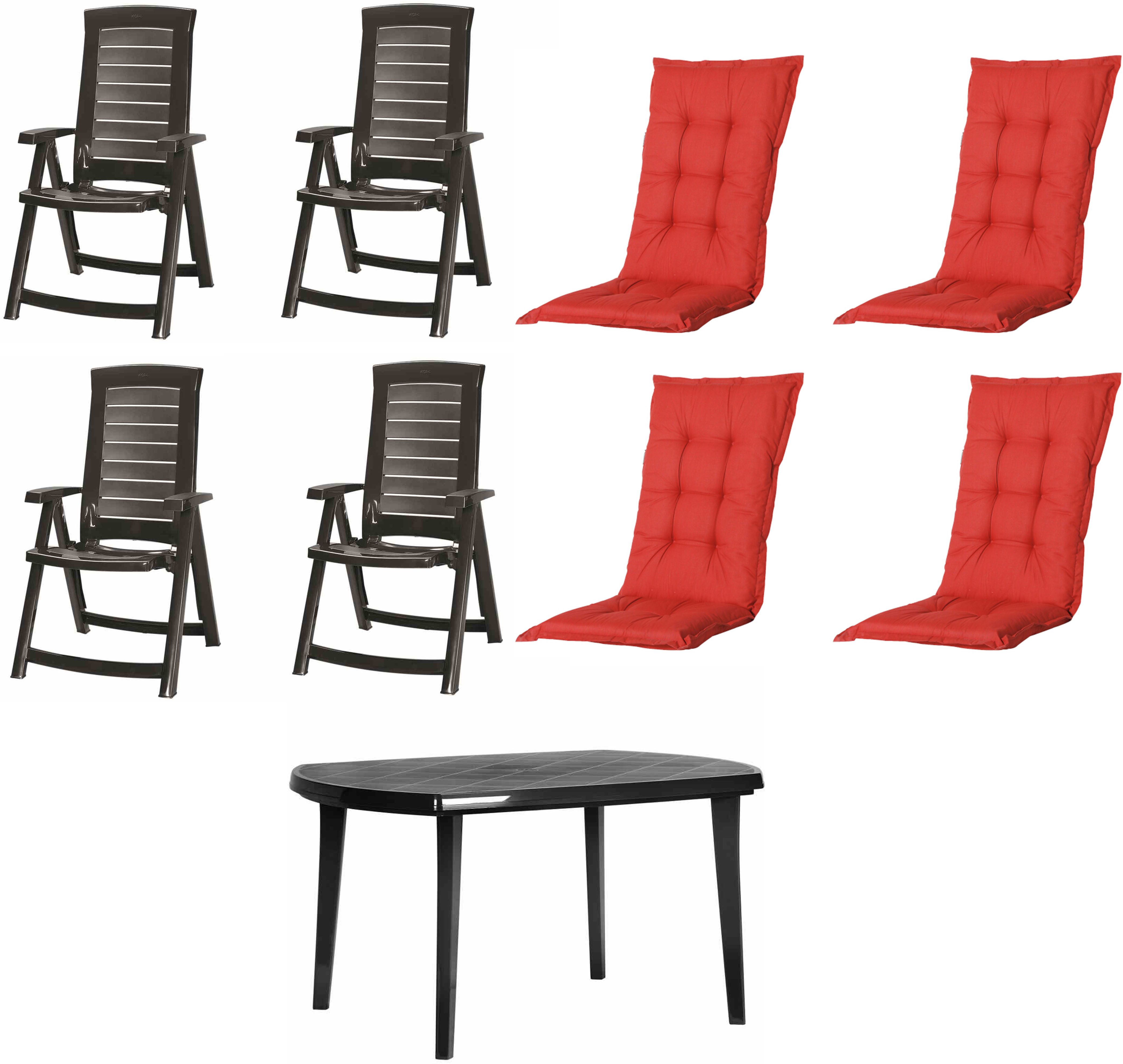 Jardin Garten-Essgruppe Aruba + Elise, (Set, 9-tlg), 4 x Klappsessel graphit, 1 x Tisch graphit, 4 x Auflage red