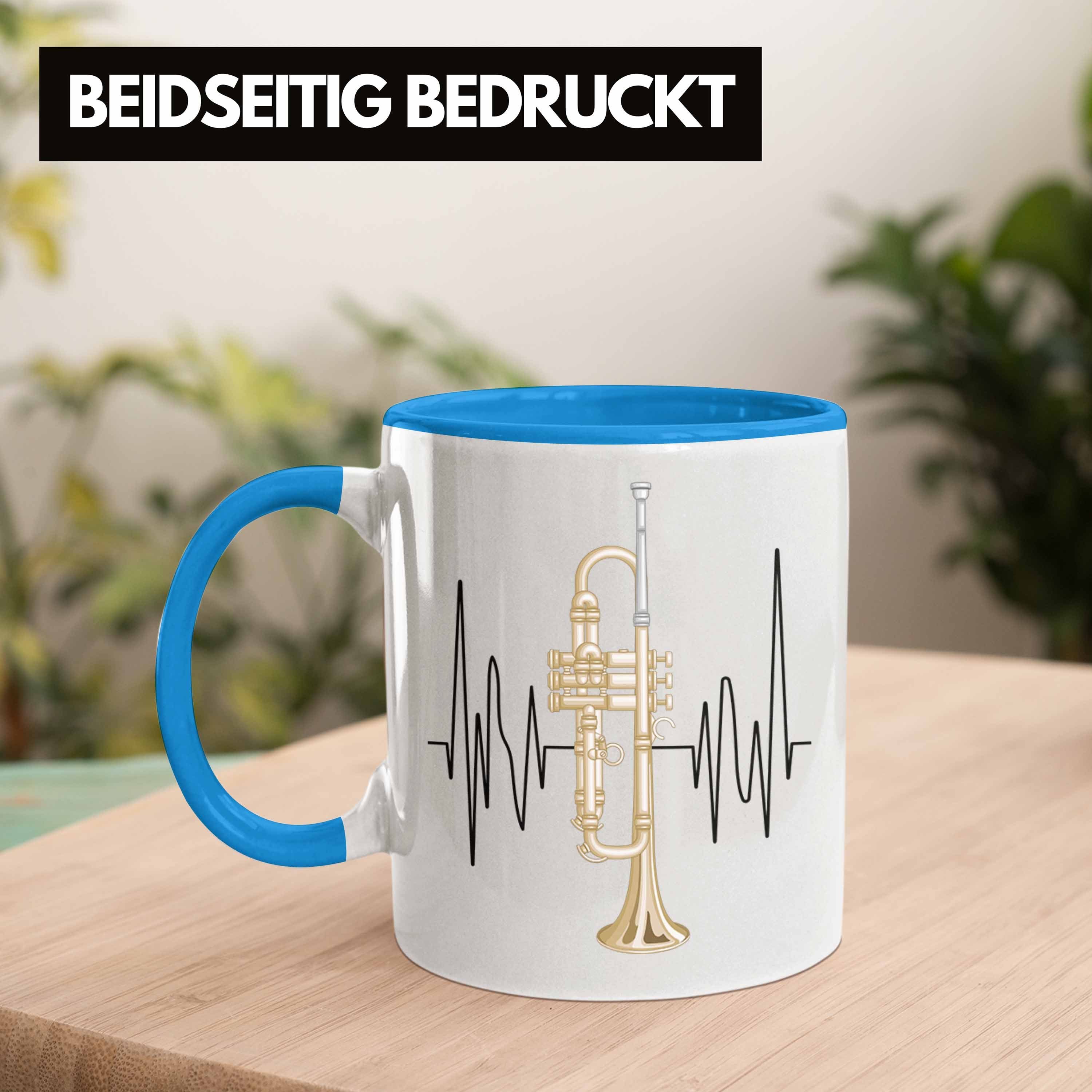 Herzschlag Trendation Geschenk Geschenkidee Blau Tasse Tasse Spruch Posaune Posaunist Grafik