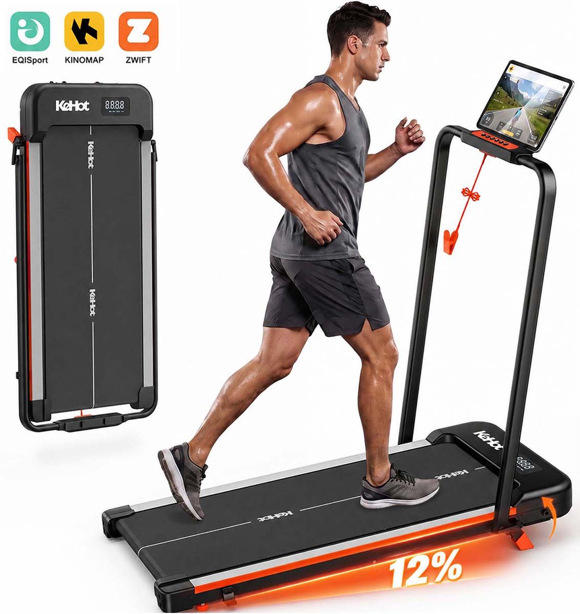 kehot Laufband Klappbares Laufband mit 12% Steigung,Platzsparend für kleine Wohnungen (Walking 1–6 km/h und Laufen bis 12 km/h für Zuhause, EQISport, Kinomap & Zwift kompatibel mit 12 Trainingsprogrammen), Ultraflach verstaubar mit LED-Display und Sicherheitsschlüssel