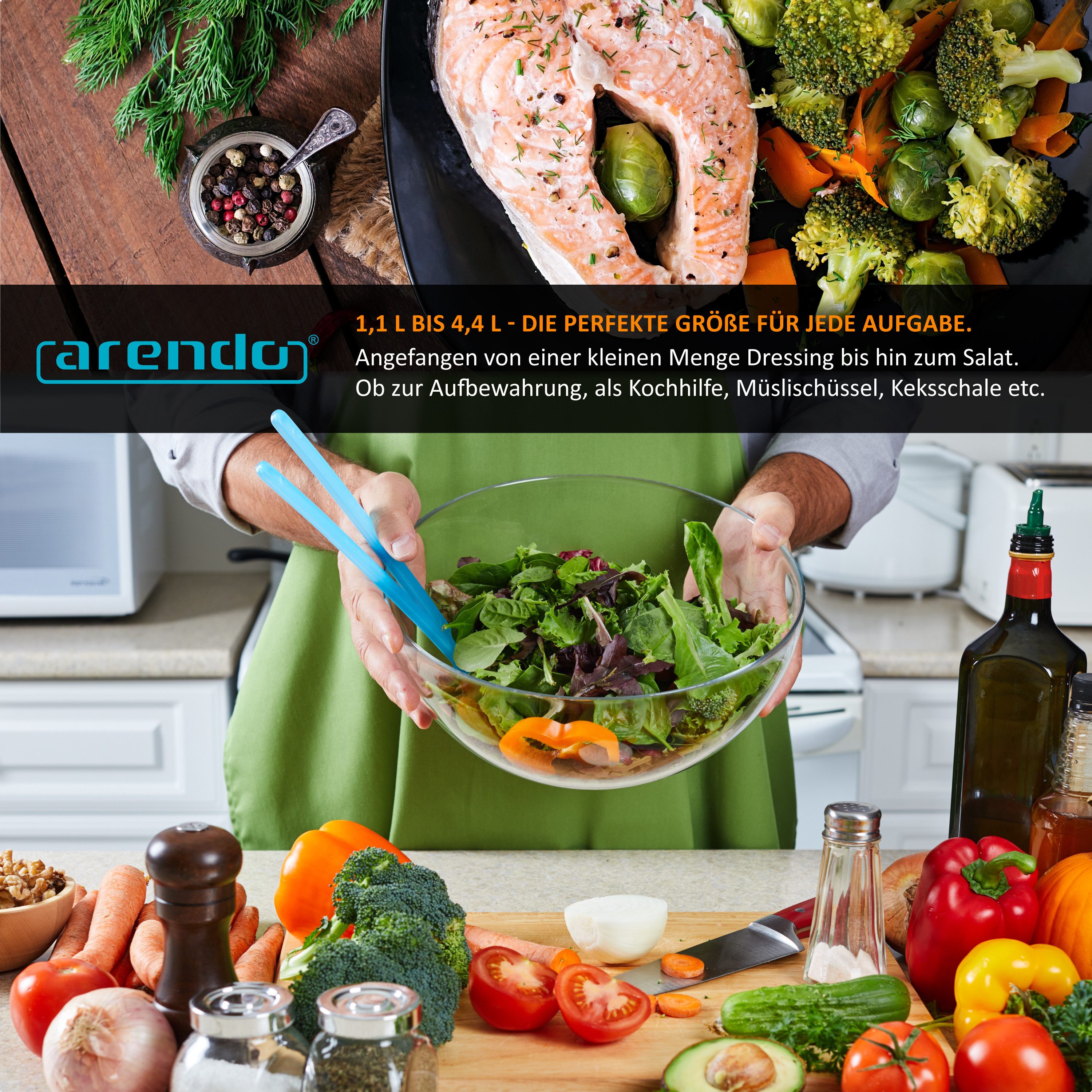 Arendo Salatschüssel 3er Set mit Deckel, Glasschüssel 1,1L / 2,7L / 4,4L, Glas Rührschüssel, Glas, (Set, 3-tlg), Glasschale, BPA-frei, Spülmaschinen und Mikrowellen geeignet