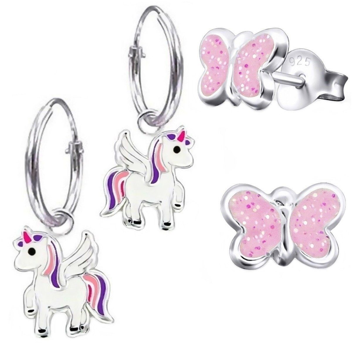 Goldene Hufeisen Creolen-Set 2 Paar Set Mädchen Kinder Ohrstecker Creolen Einhorn 925 Silber (inkl. Etui, 4-tlg), Kinderschmuck