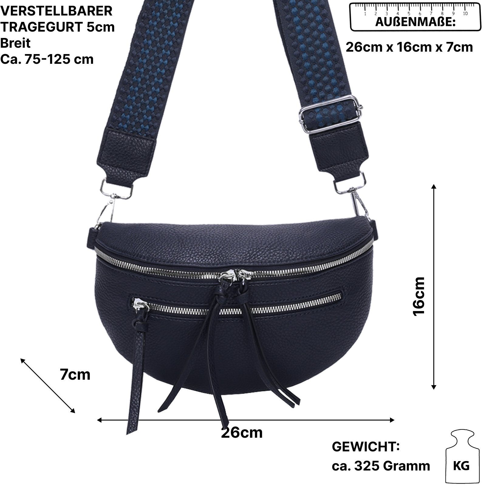 Crossbody-Bag CrossOver, EAAKIE Umhängetasche Kunstleder D.BLUE Bauchtasche Italy-De, tragbar Hüfttasche als Umhängetasche Schultertasche, Gürteltasche