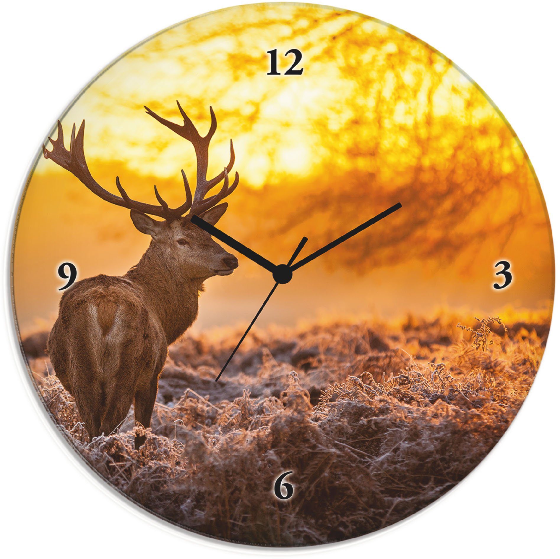 Artland Wanduhr Glasuhr rund Rotwild (wahlweise mit Quarz- oder Funkuhrwerk, lautlos ohne Tickgeräusche)