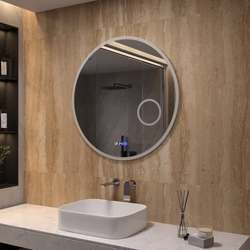 AQUABATOS Badspiegel LED Rund Badspiegel Wandspiegel mit Beleuchtung 80x80 cm (Touch-Schalter,einstellbare Helligkeit,Kaltweiß 6400K), mit 3-Fach-Vergrößerung Kosmetikspiegel und Digitaluhr Energiesparend