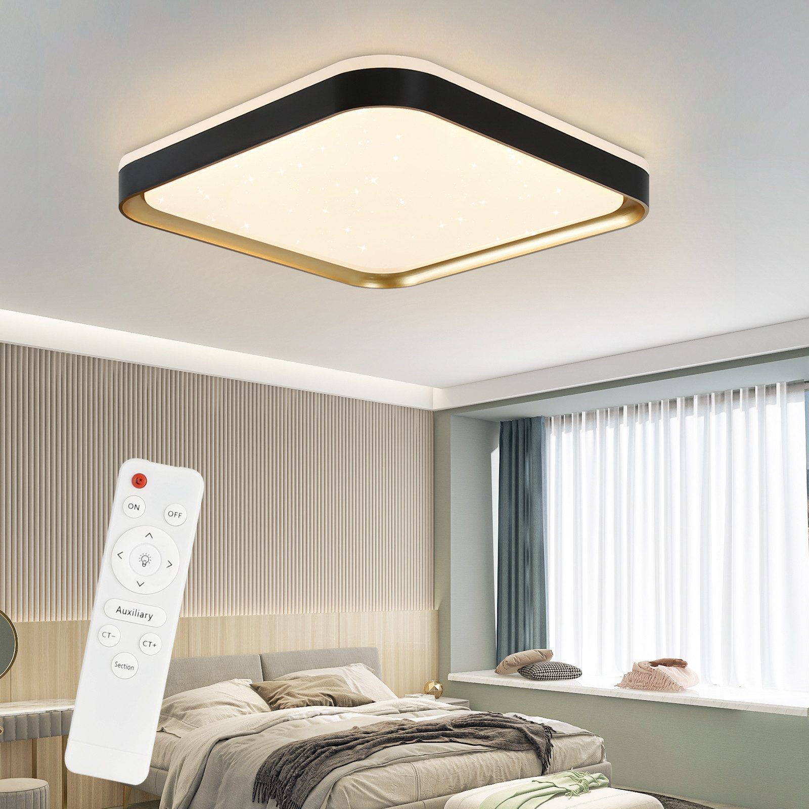 ZMH LED Deckenleuchte Dimmbar Wohnzimmer mit Fernbedienung modern deko, LED fest integriert, Schwarz Gold, 44W, 40cm, eckig, mit Fernbedienung