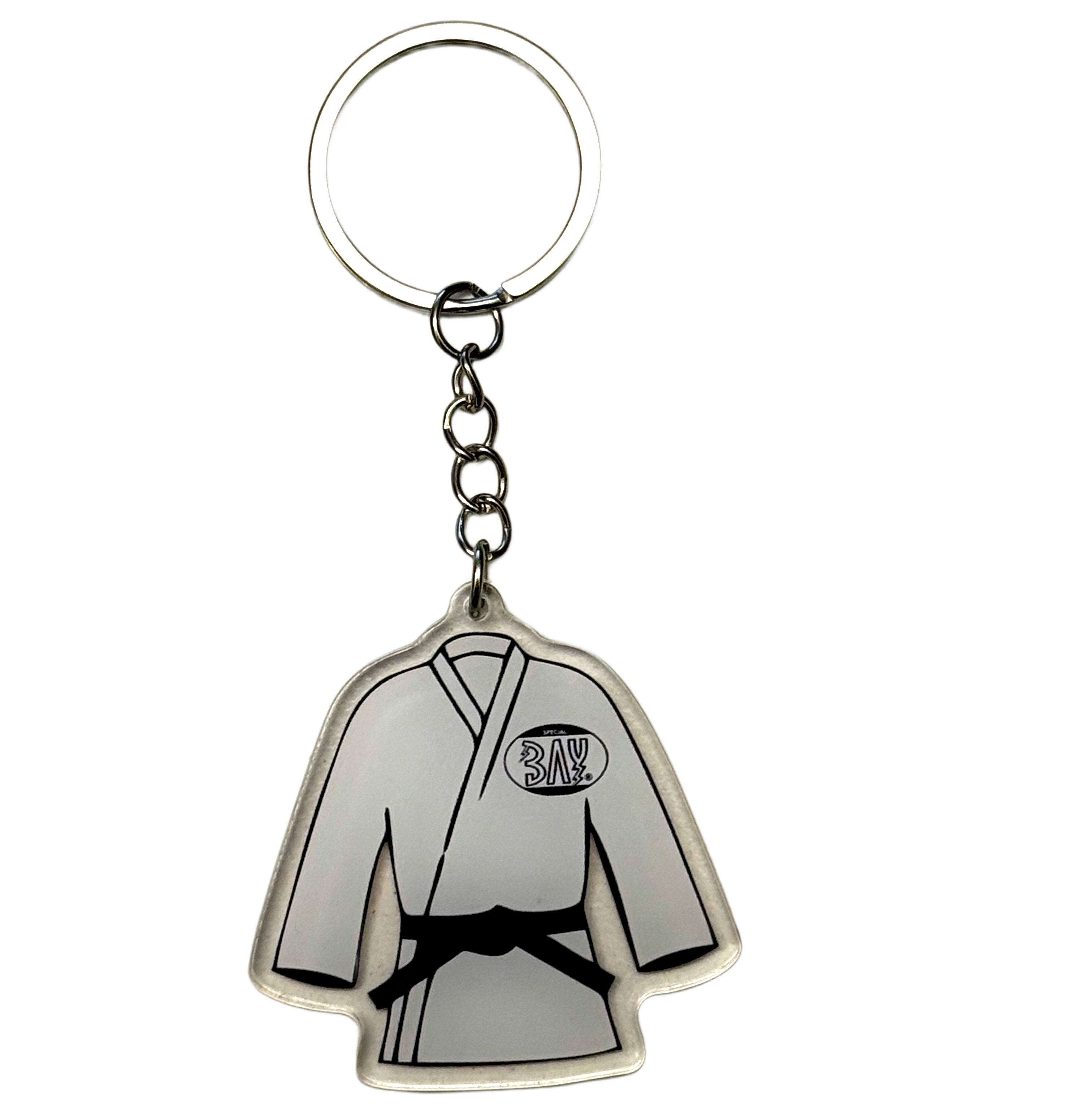 BAY-Sports Schlüsselanhänger mini Karate Anzug Karatejacke Karateanzug Anhänger Taekwondo Judo (mit Budogürtel schwarz, Acrylglas), Beidseitig sichtbar, schwarzer Budogürtel, Aus Acryl