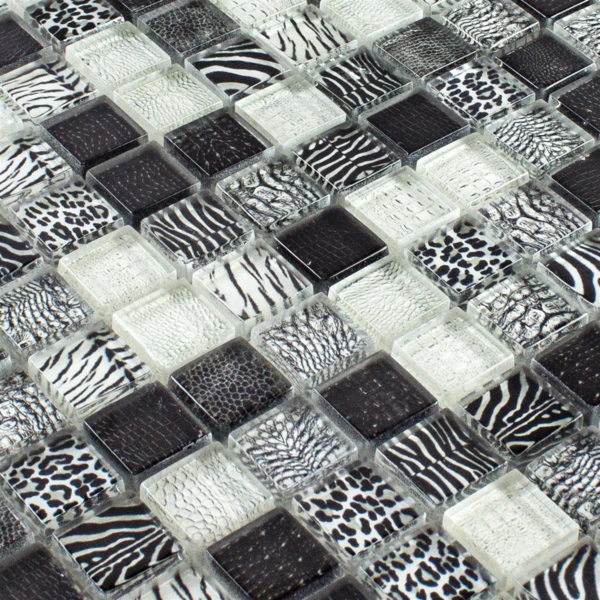 Mosafil Mosaikfliesen Glasmosaik Fliesen Safari 23, Glas 29.800x29.800, weiß-schwarz-grau, Verlegefertig auf ein Netz geklebt - Wasserfest