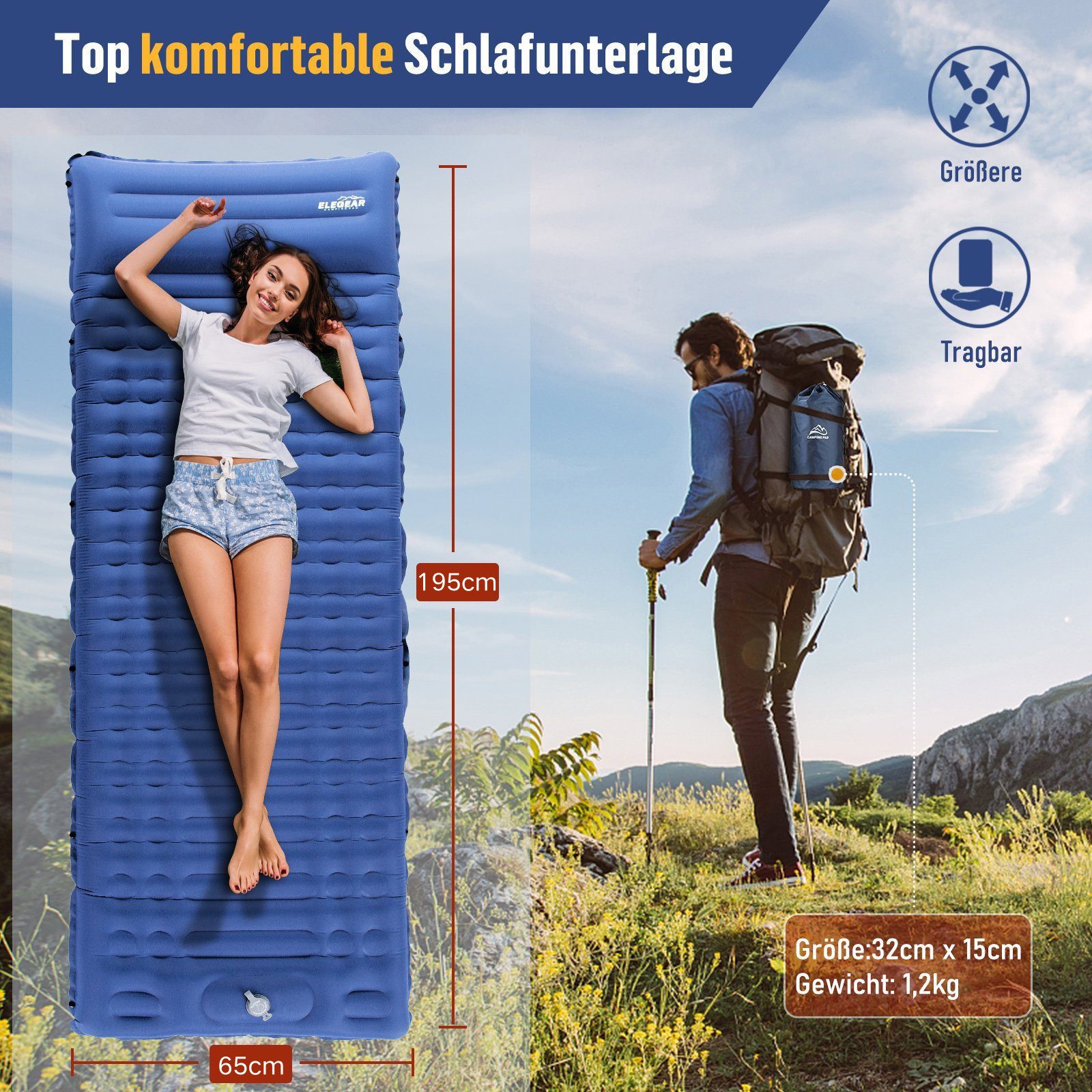 Elegear Isomatte Outdoor 12/14cm Campingmatte, 195×65/138CM isomatte selbstaufblasend, (1-tlg), mit Fußpumpe, leicht zu tragen, camping zubehör, für Wandern, Zelt