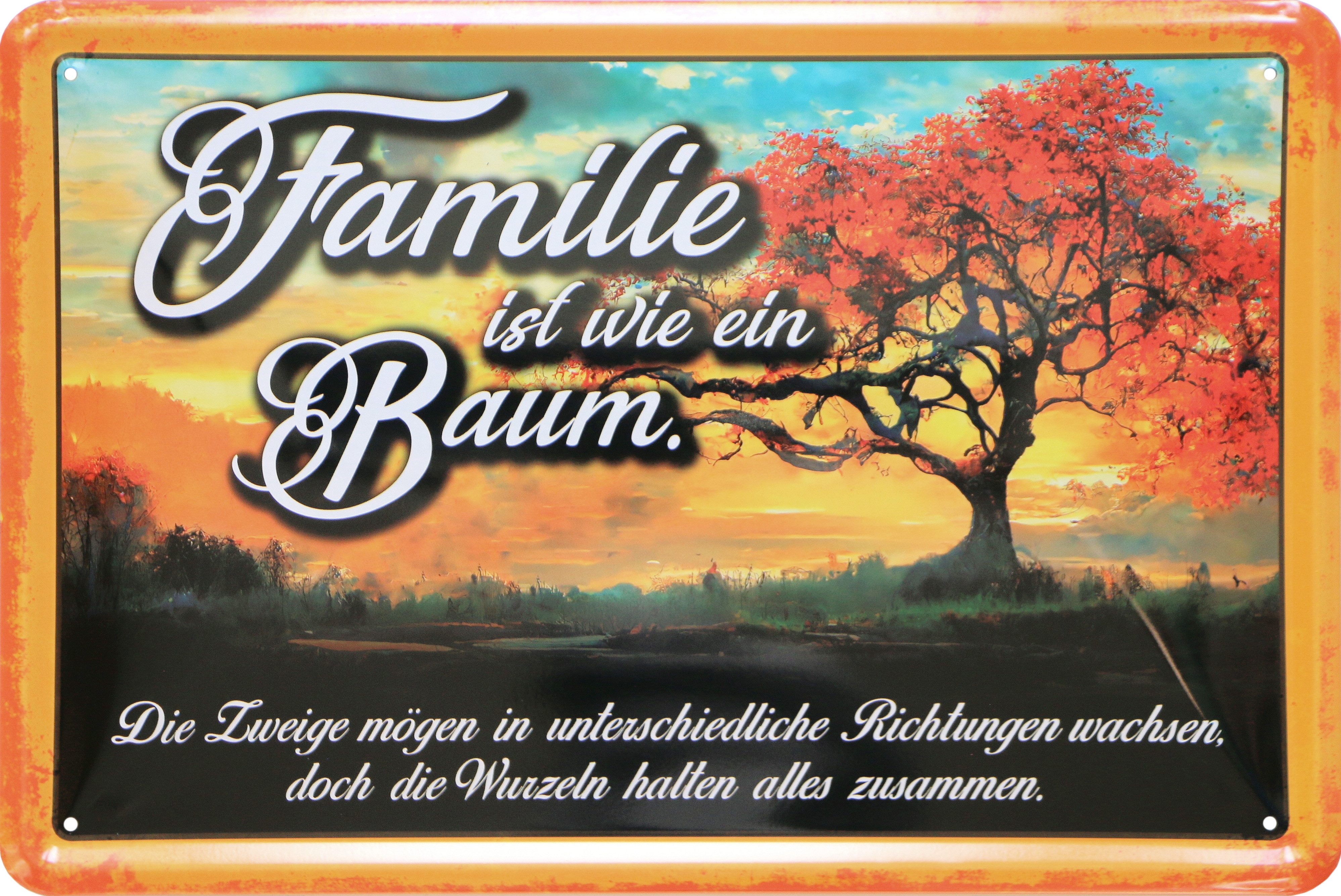 WOGEKA ART Metallbild Familie ist wie ein Baum - 20 x 30 cm Retro Blechschild, Metallschild Wanddeko Spruch Schild Wandbild Eltern Zuhause