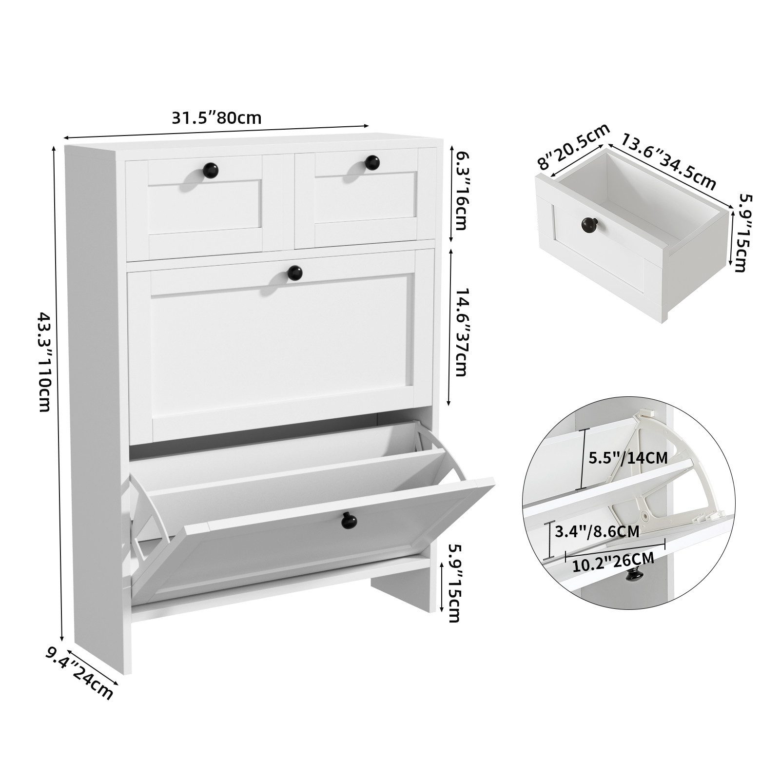 VOWNER Schuhschrank mit 2 Klappfächern, Schuhregal, 4 Fächern, verstellbar (1-St) Anti-Kipp, fürs Eingang/Flurarea, 80x24x110 cm, weiß