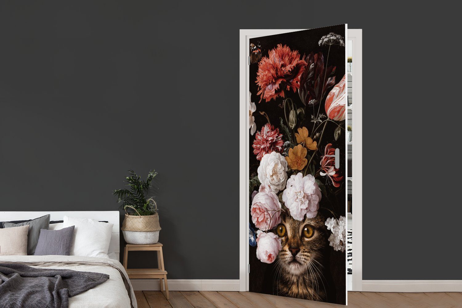 MuchoWow Türtapete Katze - (1 75x205 - Türaufkleber, für cm Tür, bedruckt, St), Fototapete Blumen Matt, Kunst