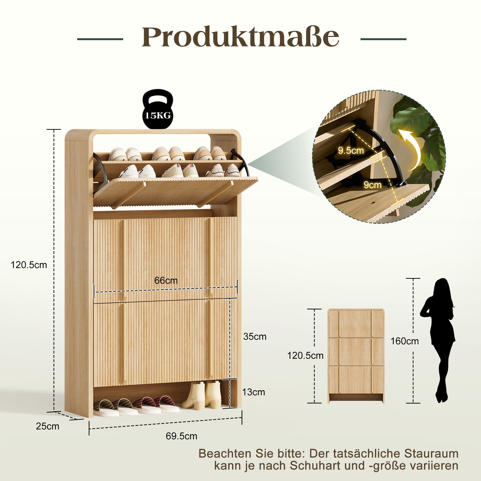 AMERLIFE Schuhschrank mit 3 Klappenfächern, Rillenfront in Naturholzoptik (1-St) höhenverstellbar
