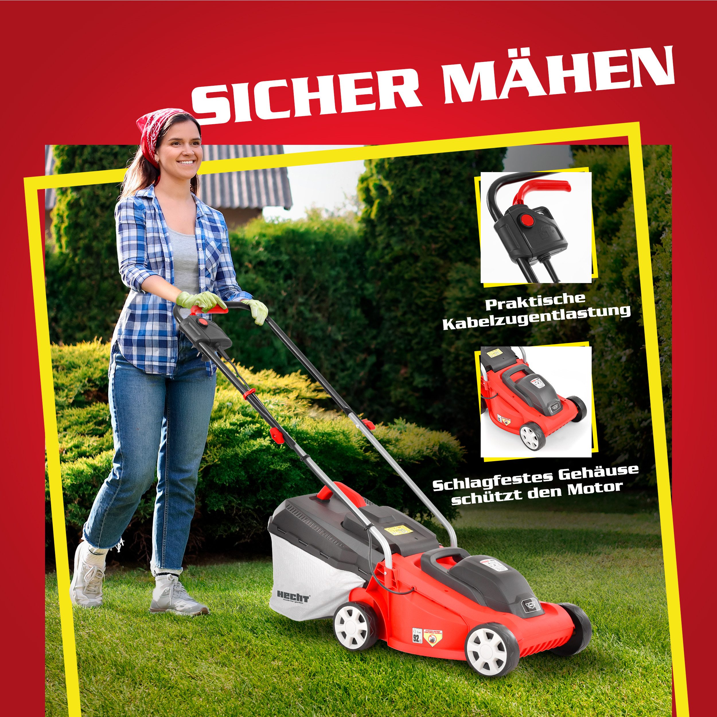 Hecht electric lawnmower 1300W, 30L grass catcher, 3-stage cutting height adjustment 20 – 60 mm, 33 cm cutting width, cable strain relief, carrying handle