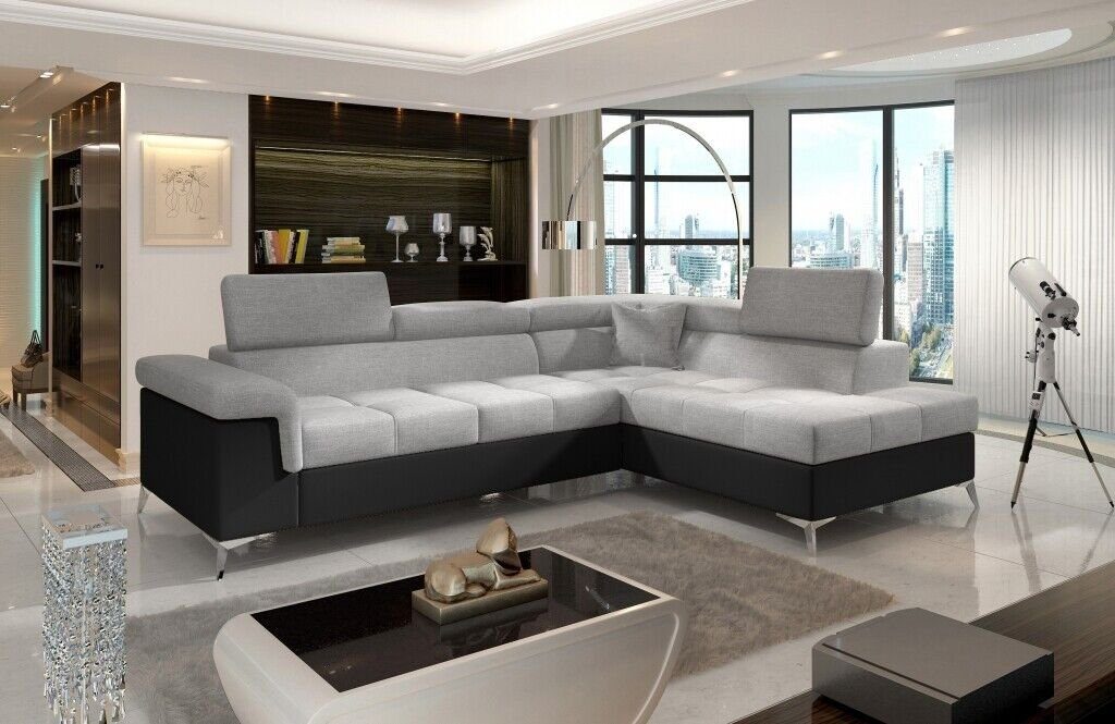 JVmoebel Ecksofa, Ecksofa L-Form Sofa Couch Design Polster Schlafsofa Textil Grau/Schwarz