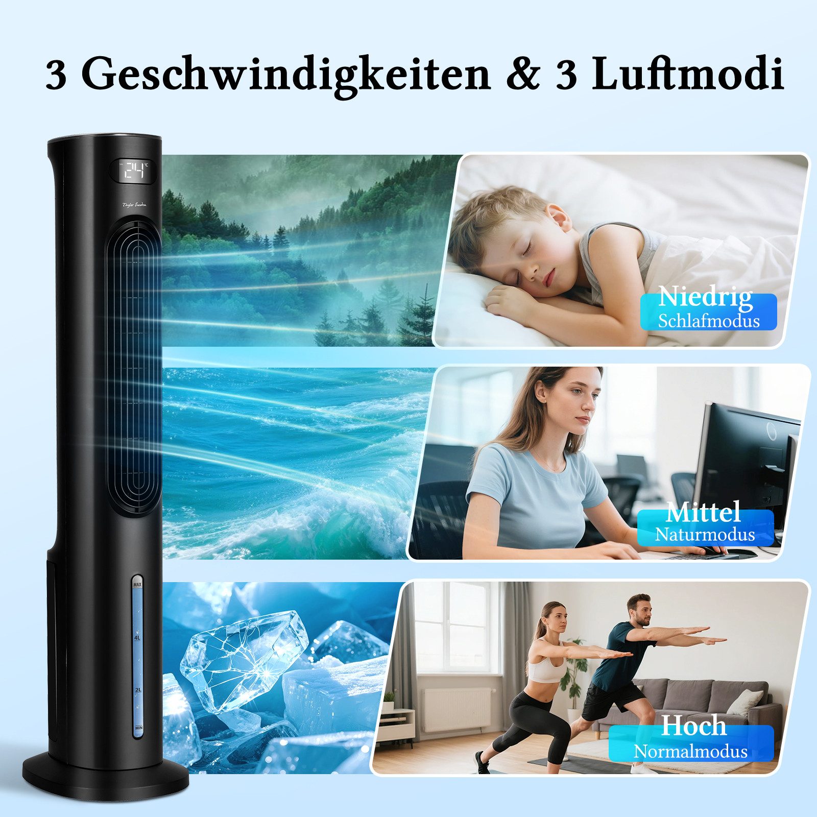 Taylor Swoden Standventilator Luftkühler mit Wasserkühlung, 6L Wassertank, 12-Stunden-Timer, 3 Modi, Fernbedienung,1-Touch-Sprühkühlung,LED-Anzeige,Weitwinkel-Luftauslass