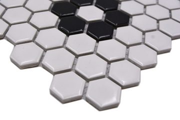 Mosani Mosaikfliesen Mosaikfliese Keramik Mosaik Hexagonal mix weiß schwarz glänzend