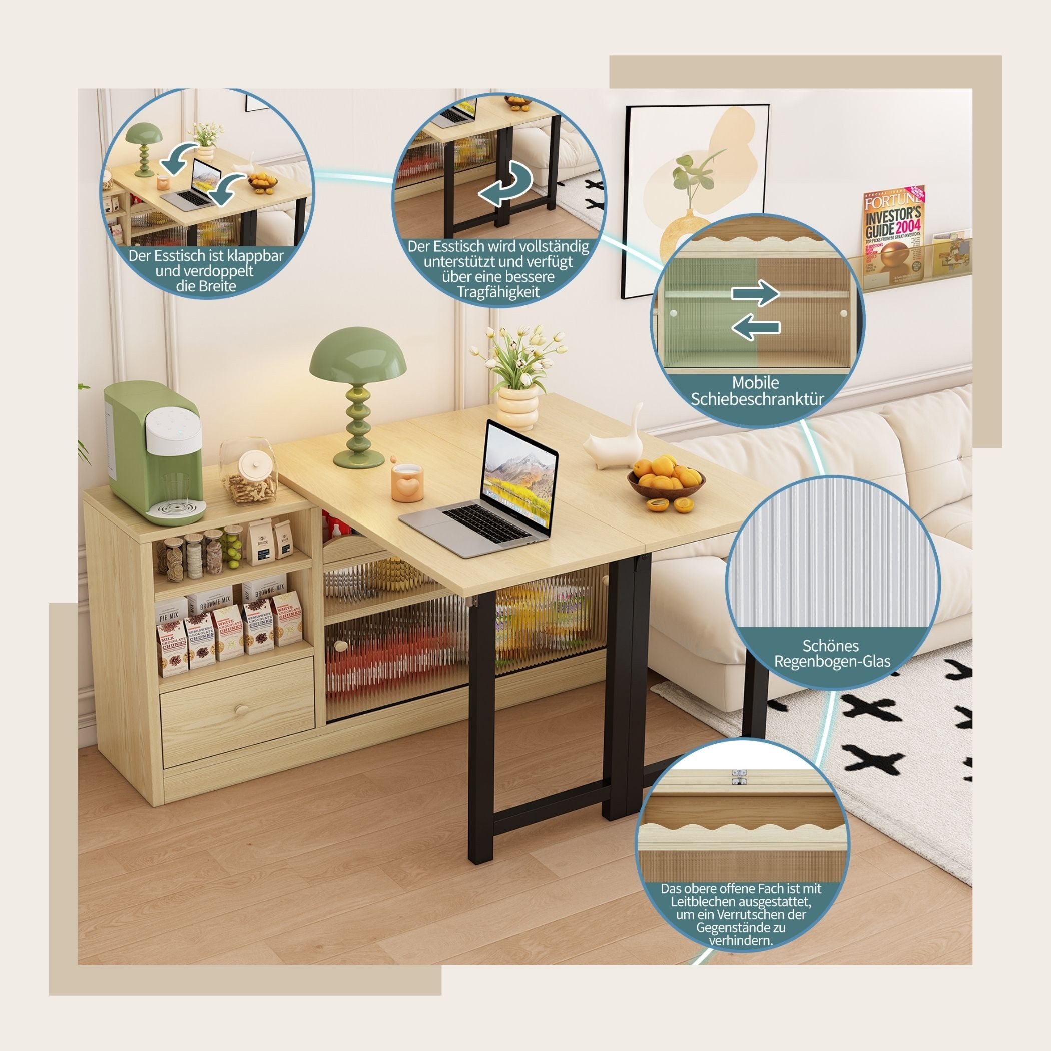 SeedWave Klapptisch Klapp-Esstisch mit Stauraum, 360° drehbare Tischplatte, multifunktionaler Schrank mit Riffelglastüren, platzsparendes Design