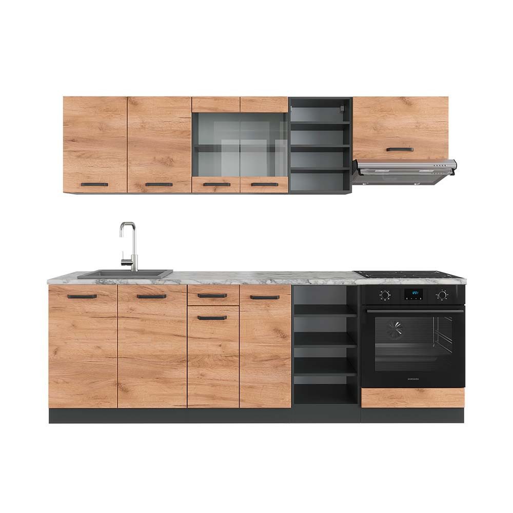 Vicco Küchenzeile R-Line, Goldkraft Eiche/Anthrazit, 240 cm, AP Marmor